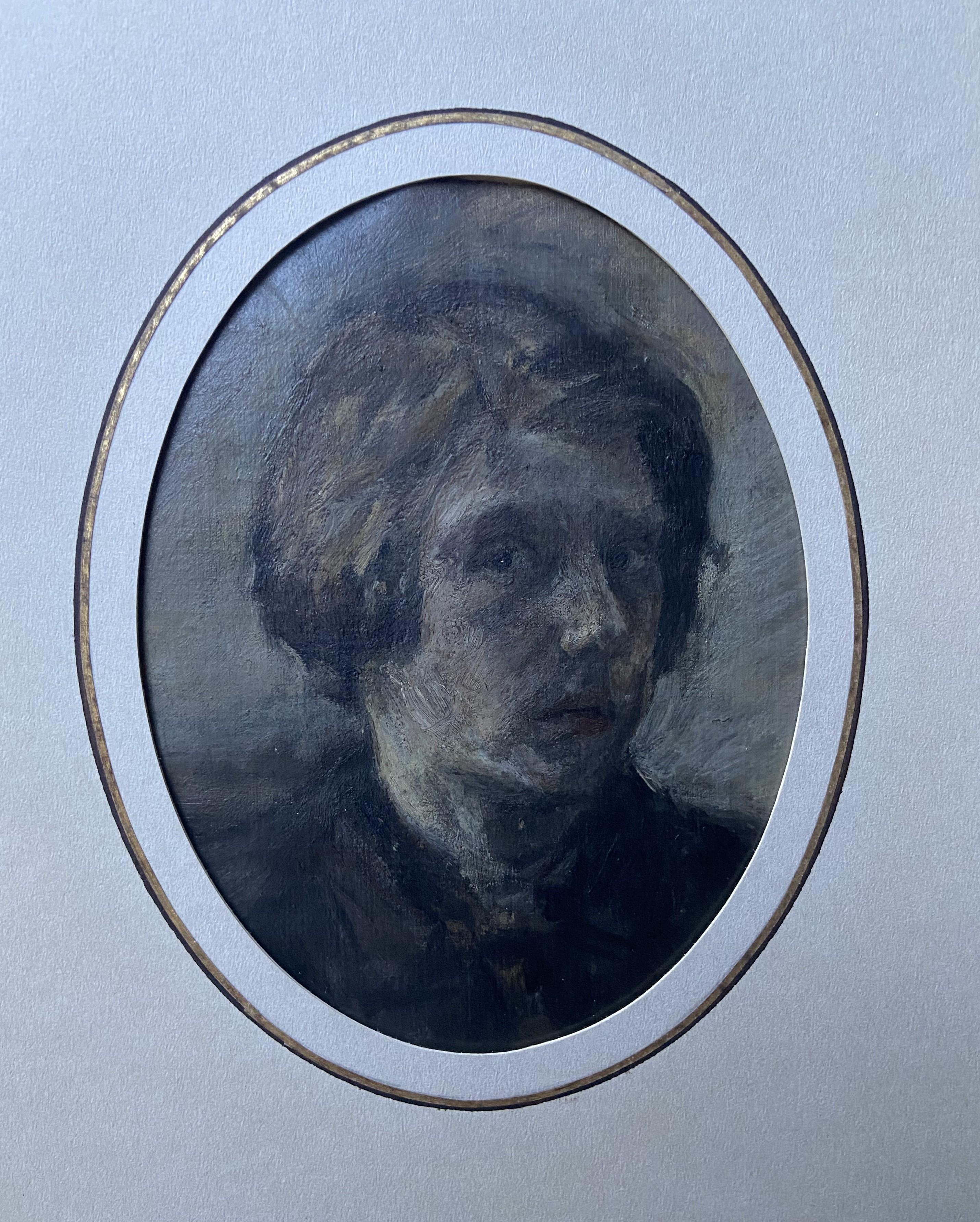 French Romantic School, 19th Century
Portrait of a man, a selfportrait ?
oil on paper
17.5 x 12 cm oval
Framed under glass : 43 x 34.5 cm

This rather mysterious portrait is perhaps a self-portrait of the artist who painted it. This is suggested by