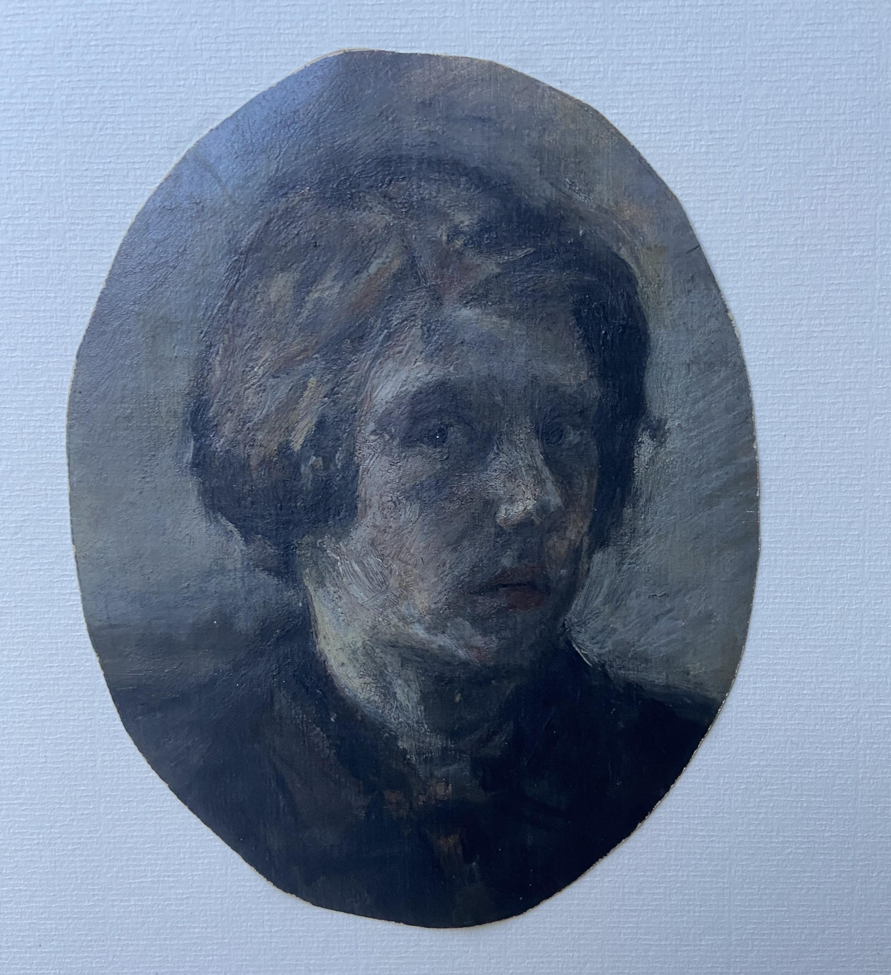 Scuola romantica francese, XIX secolo, Ritratto di uomo, olio su carta - Figurative Painting Grigio di Unknown