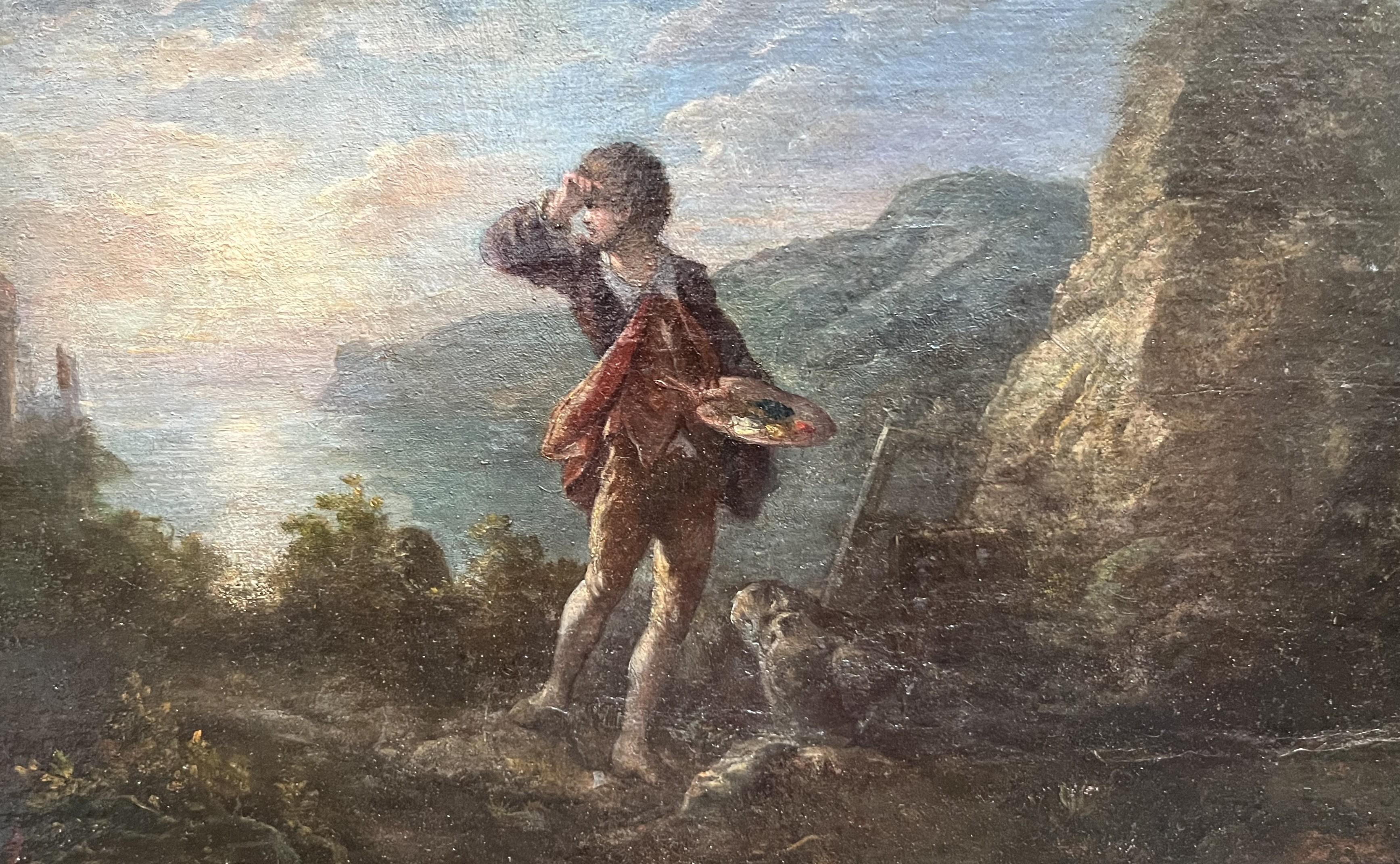 Scuola romantica francese del XIX secolo 
L'ispirazione dell'artista 
Olio su tela trasferito su legno
È in buone condizioni, ma il materiale presenta delle irregolarità dovute al trasferimento della tela su un supporto di legno irregolare.  È stata