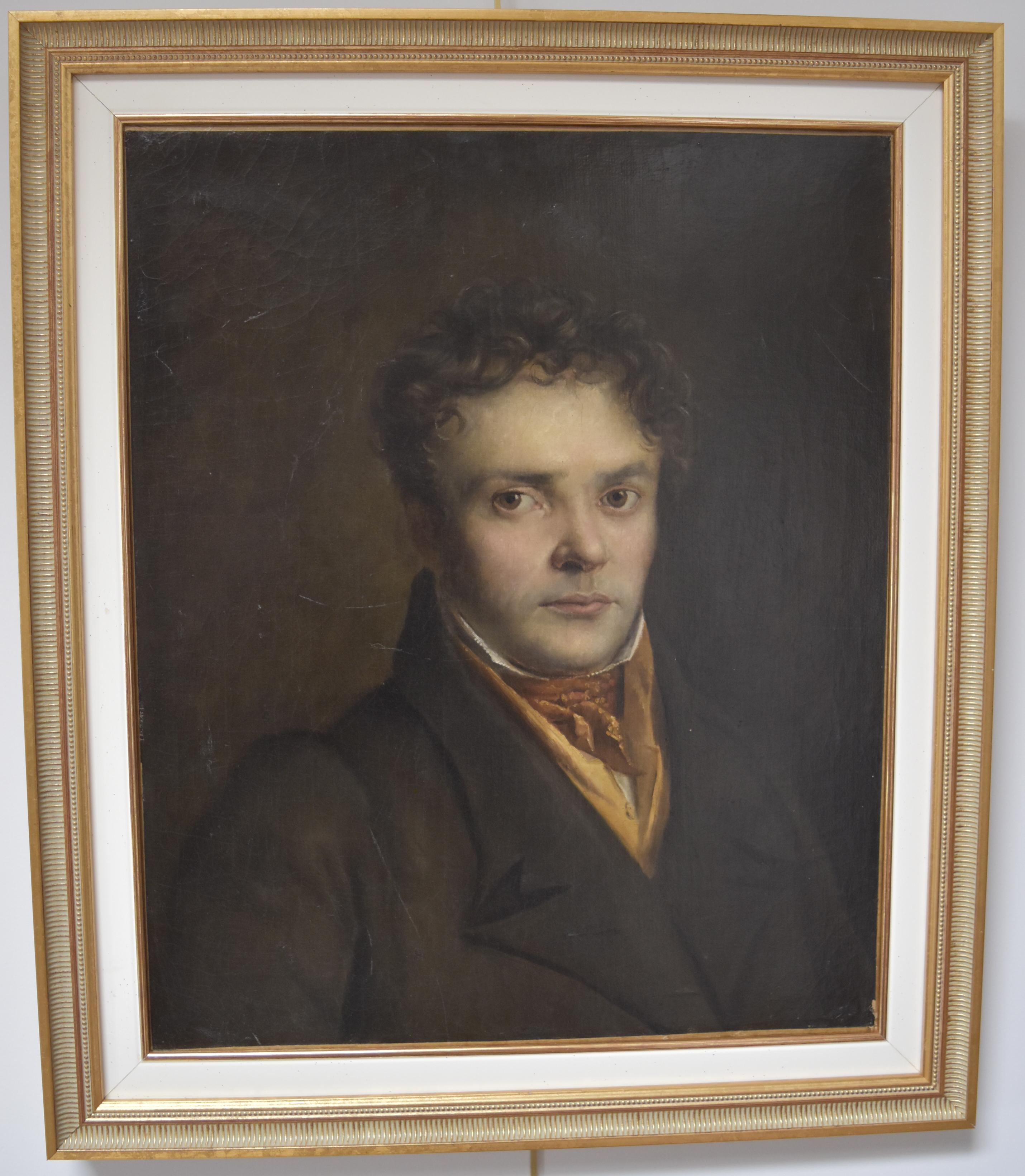 French Romantic School, Portrait of a Young Man, oil on canvas - Black Figurative Painting by Unknown