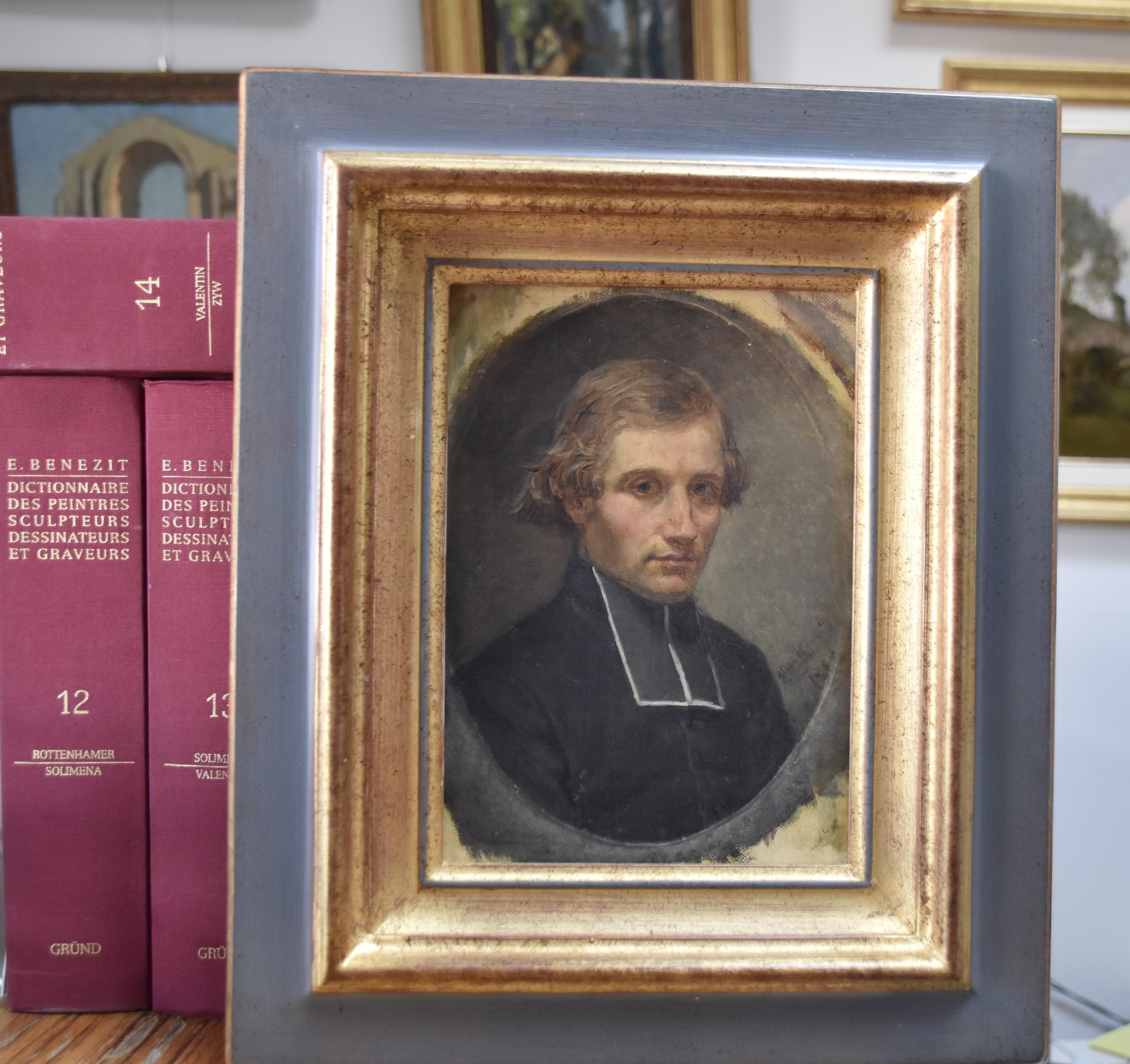 French Romantic School, Portrait of a young priest, dated 1860 oil on canvas For Sale 7