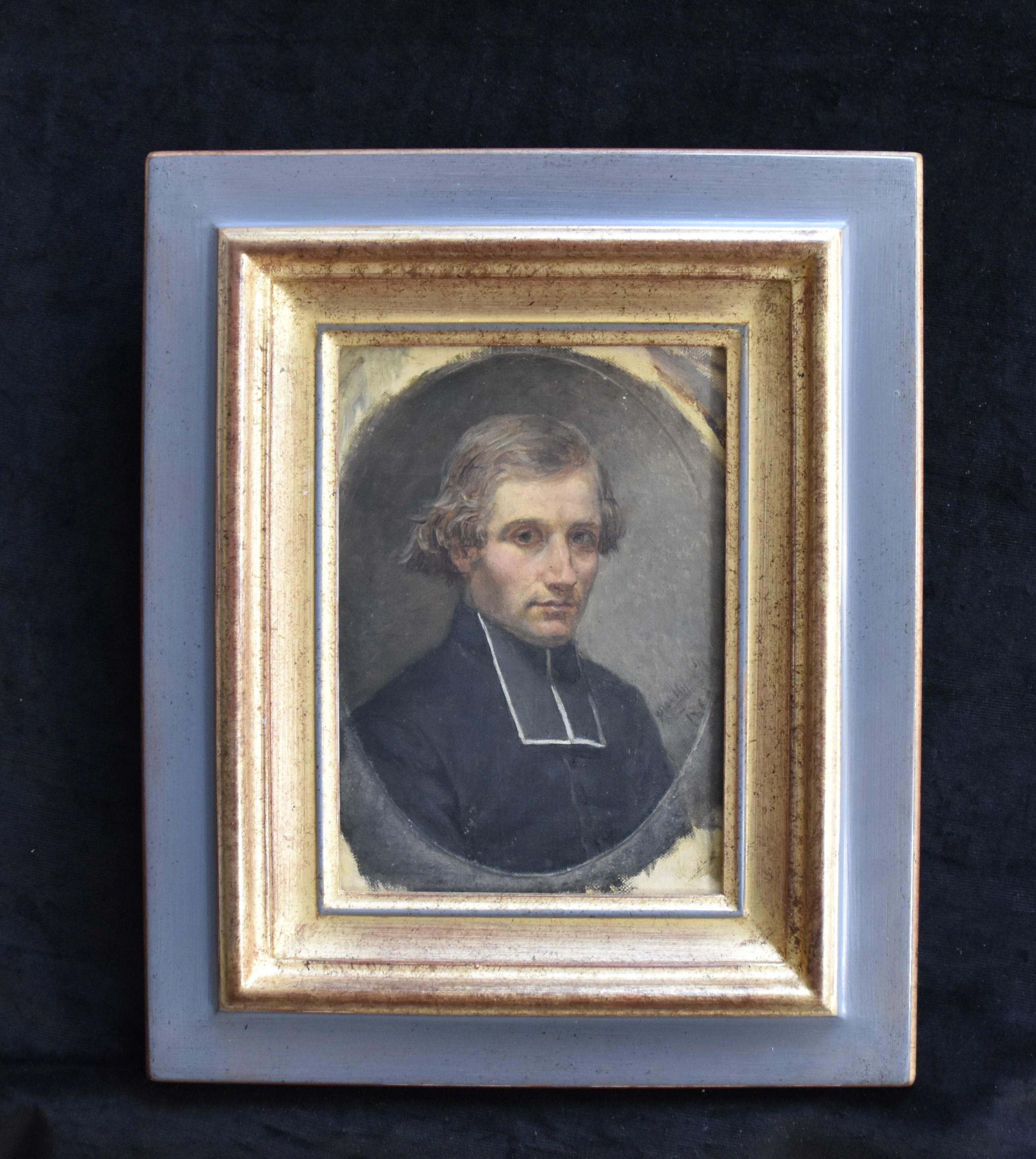 Französische Romantikschule, Porträt eines jungen Priesters, datiert 1860, Öl auf Leinwand – Painting von Unknown