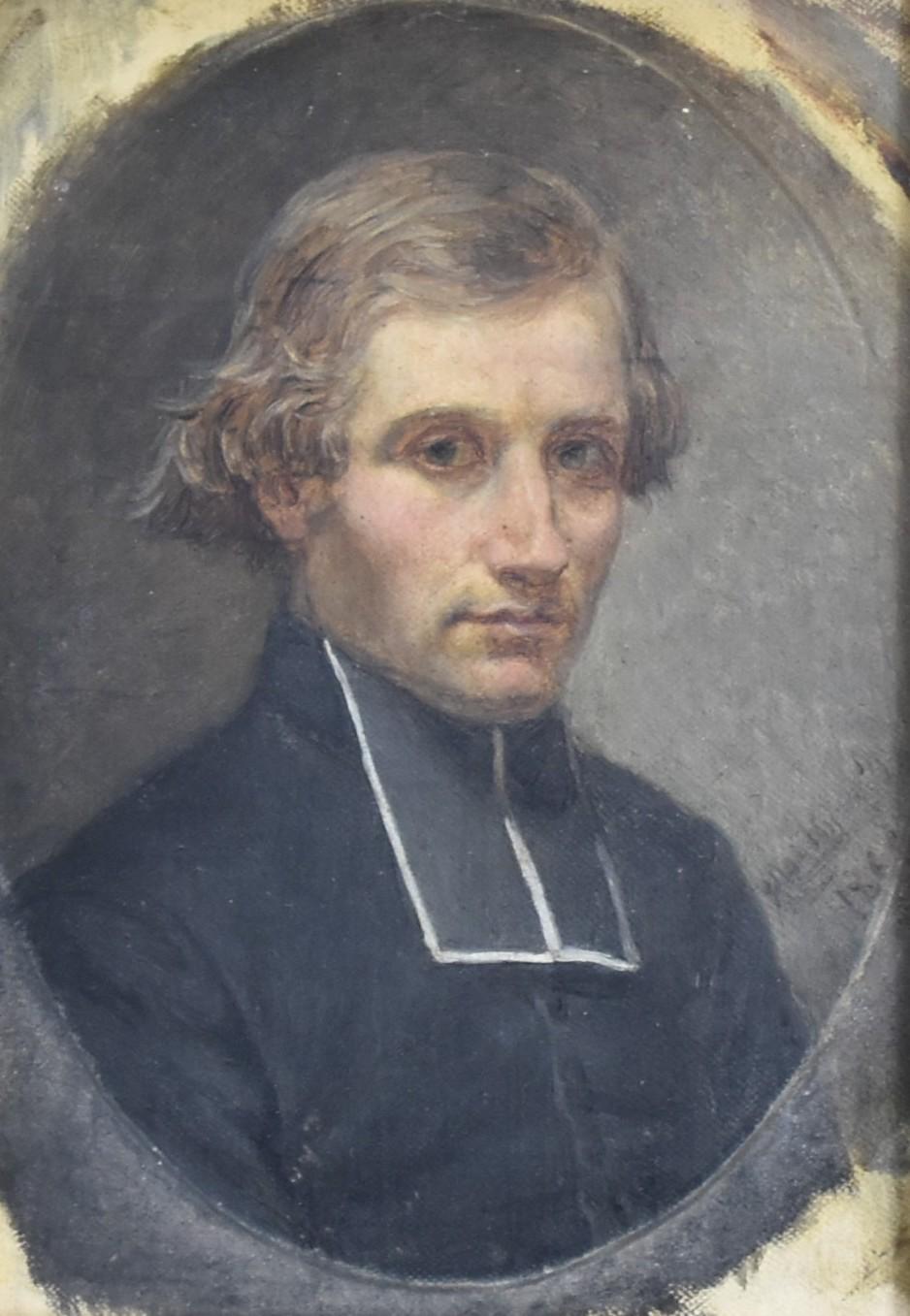 Unknown Portrait Painting – Französische Romantikschule, Porträt eines jungen Priesters, datiert 1860, Öl auf Leinwand
