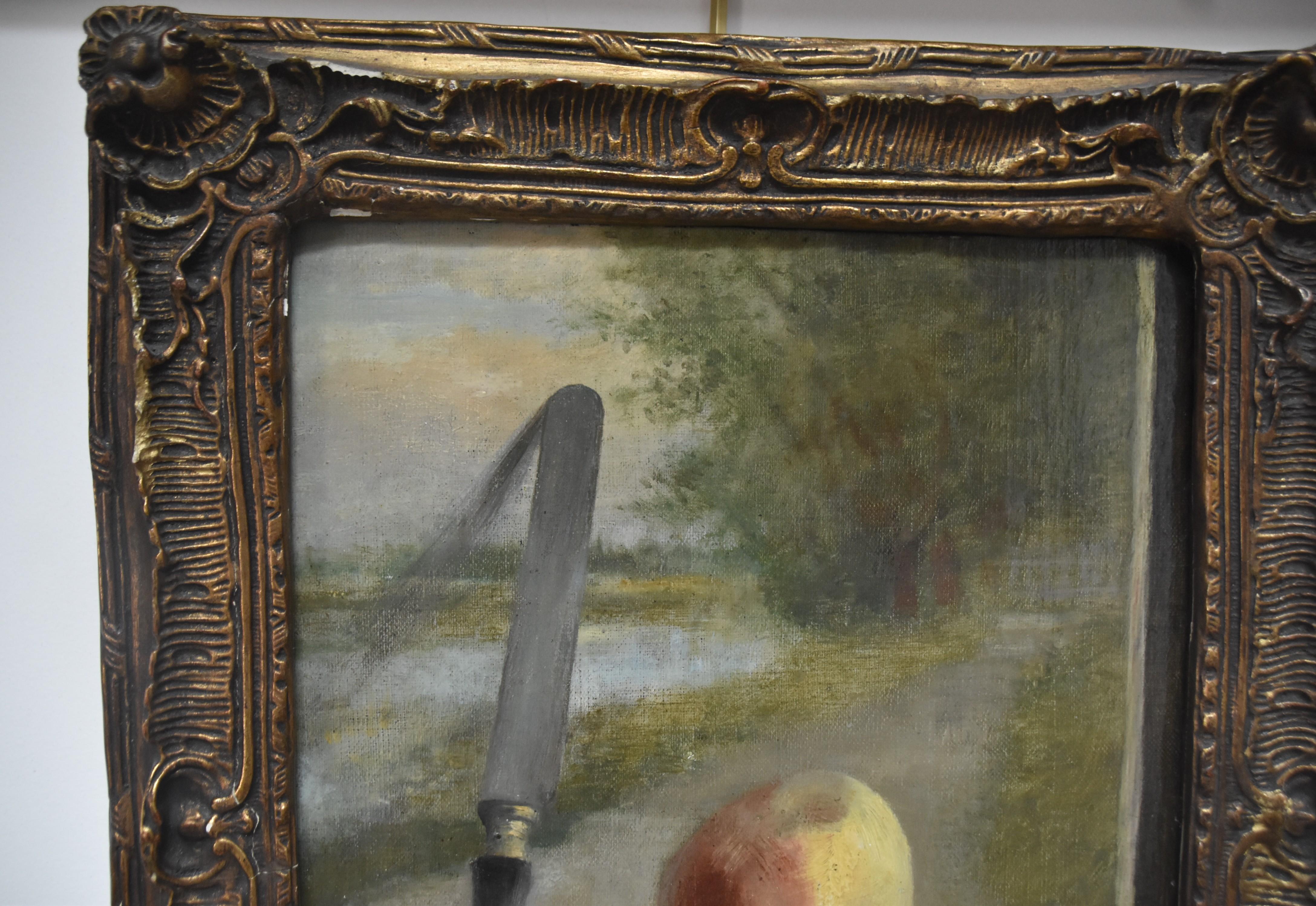 French romantic school, Still life with peaches and a painting, oil  3