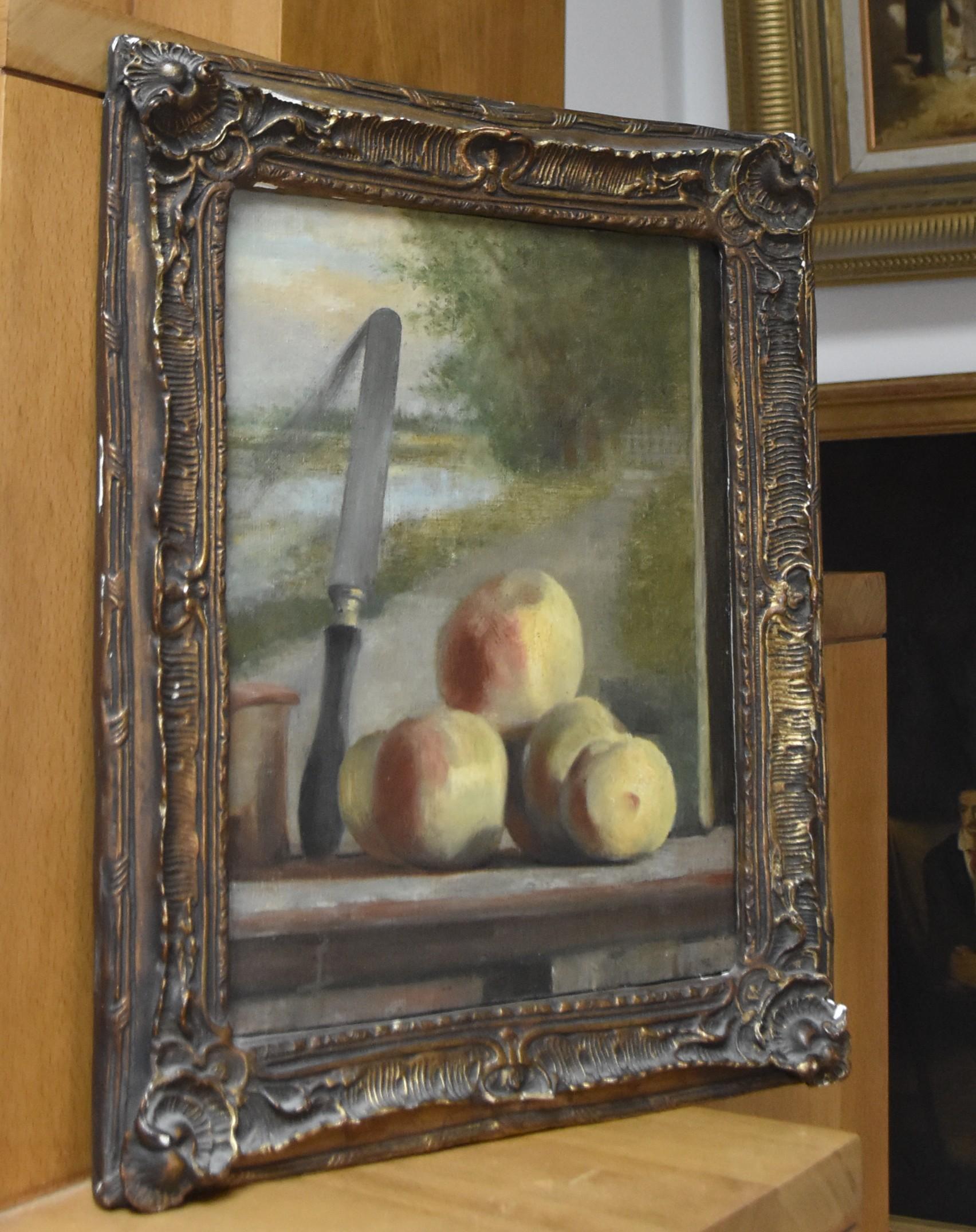 French romantic school, Still life with peaches and a painting, oil  6