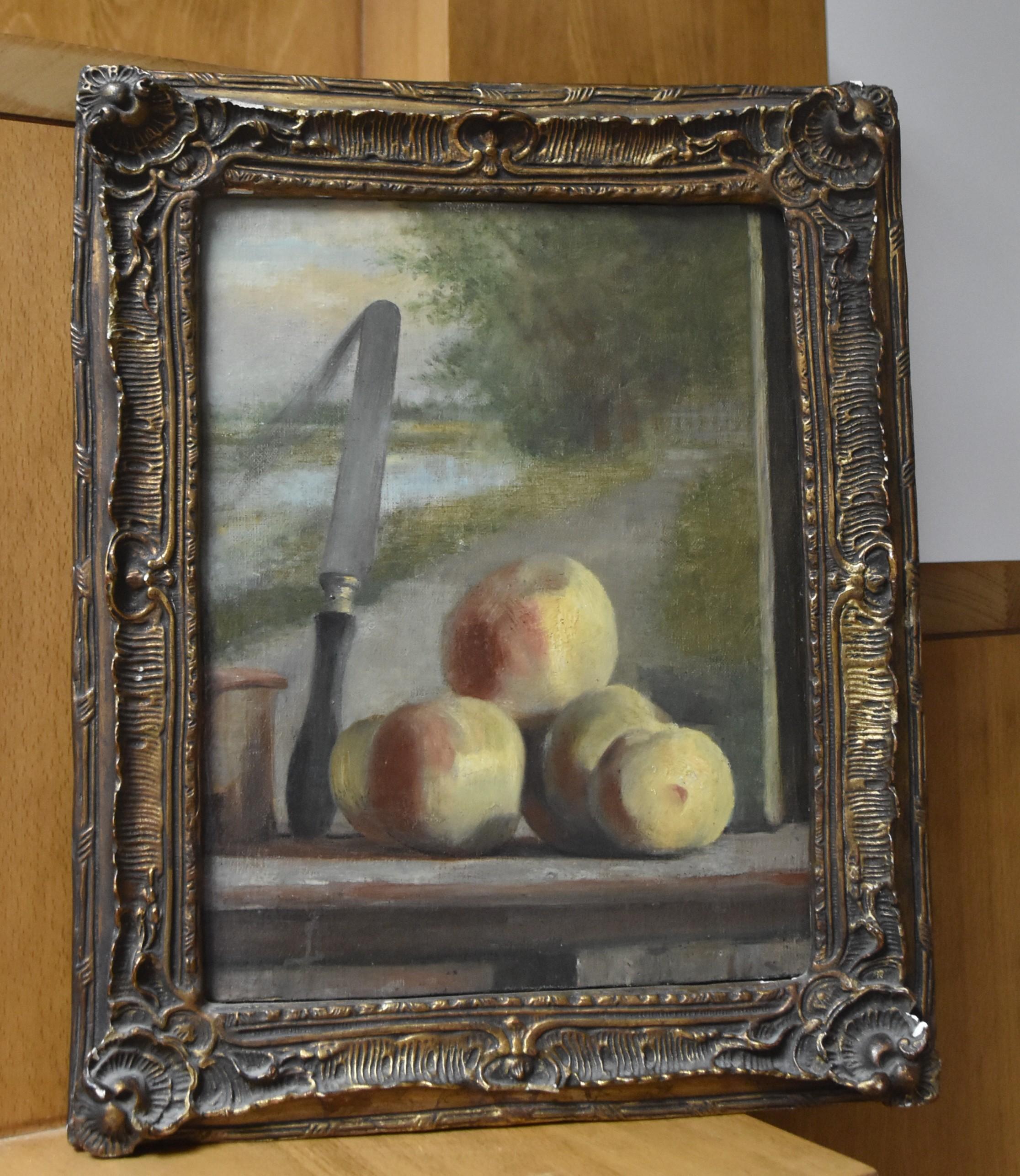 French romantic school, Still life with peaches and a painting, oil  7