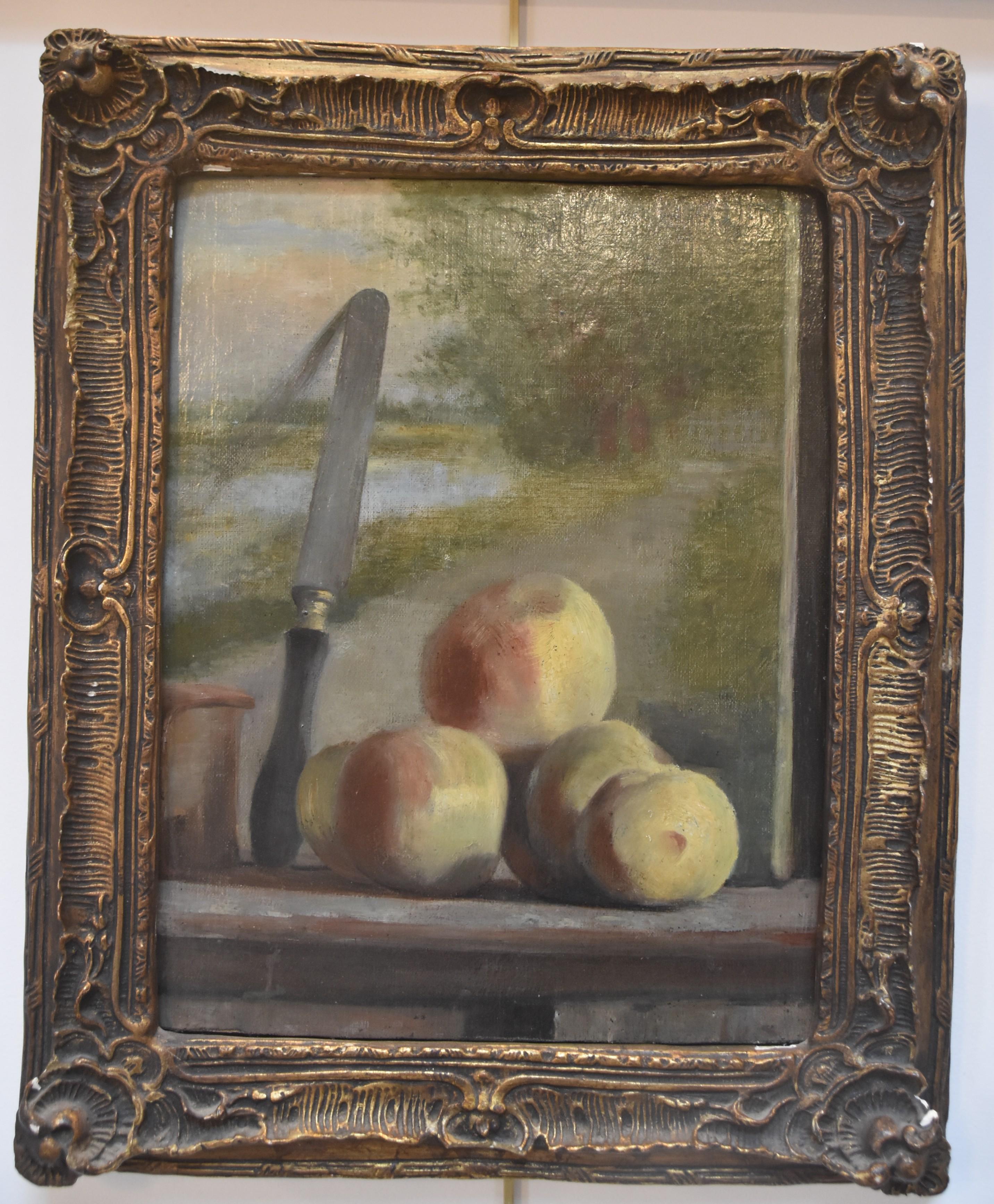 French romantic school, Still life with peaches and a painting, oil  8