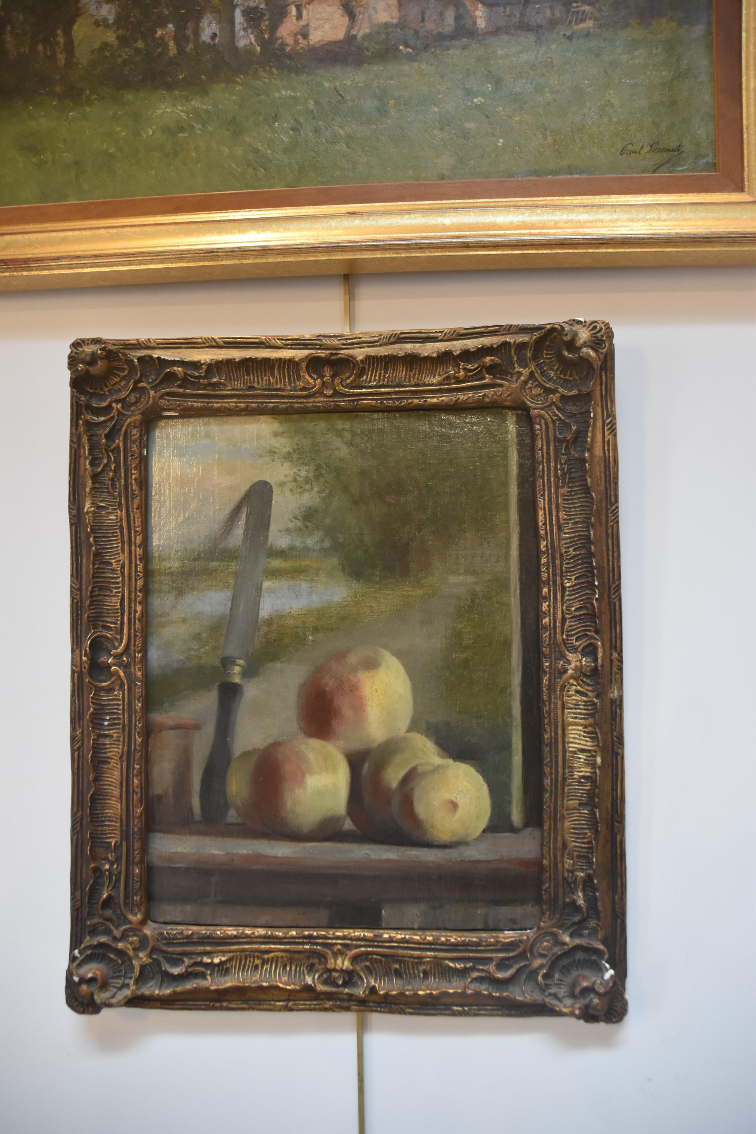 French romantic school, Still life with peaches and a painting, oil  9