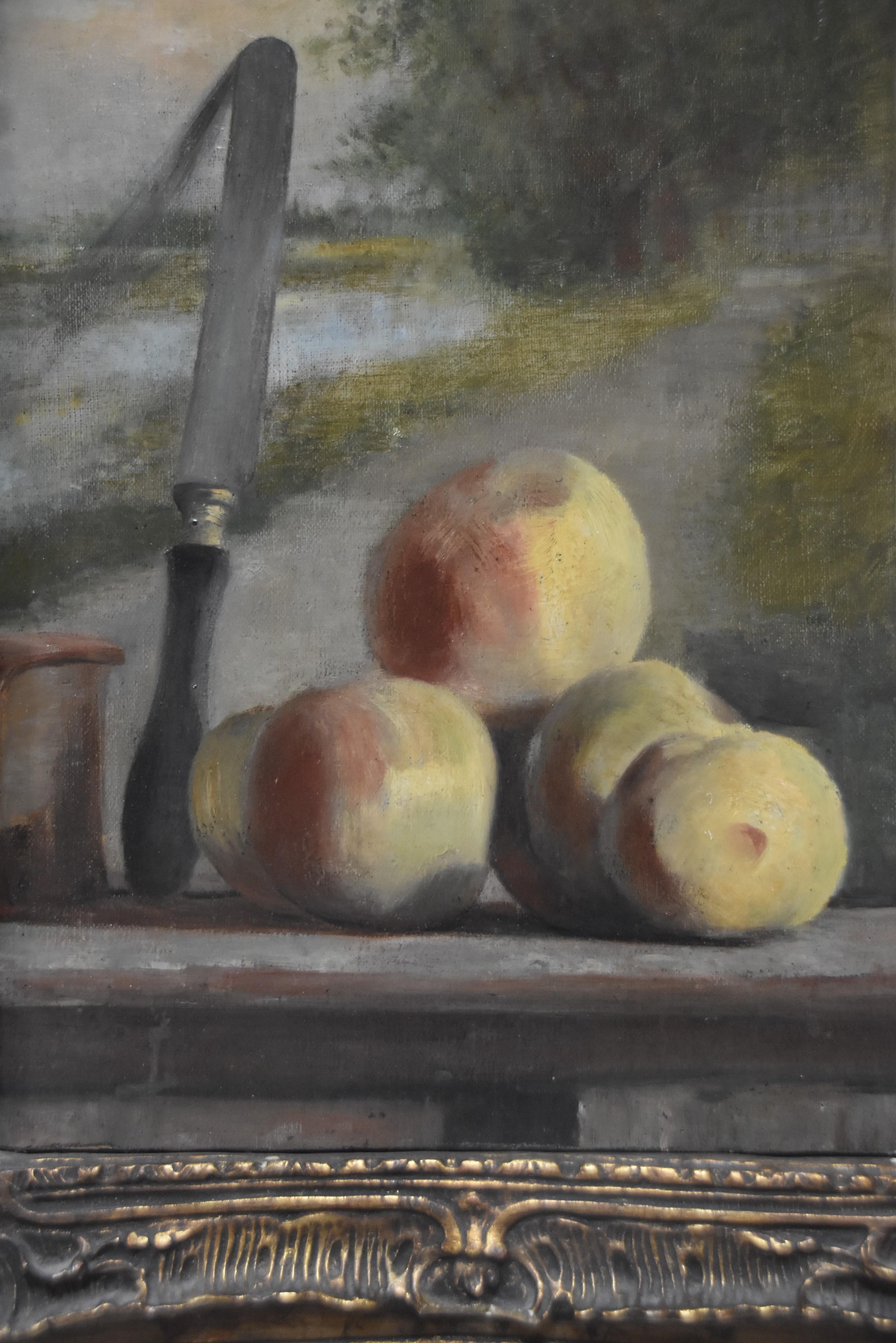 French romantic school, Still life with peaches and a painting, oil  10
