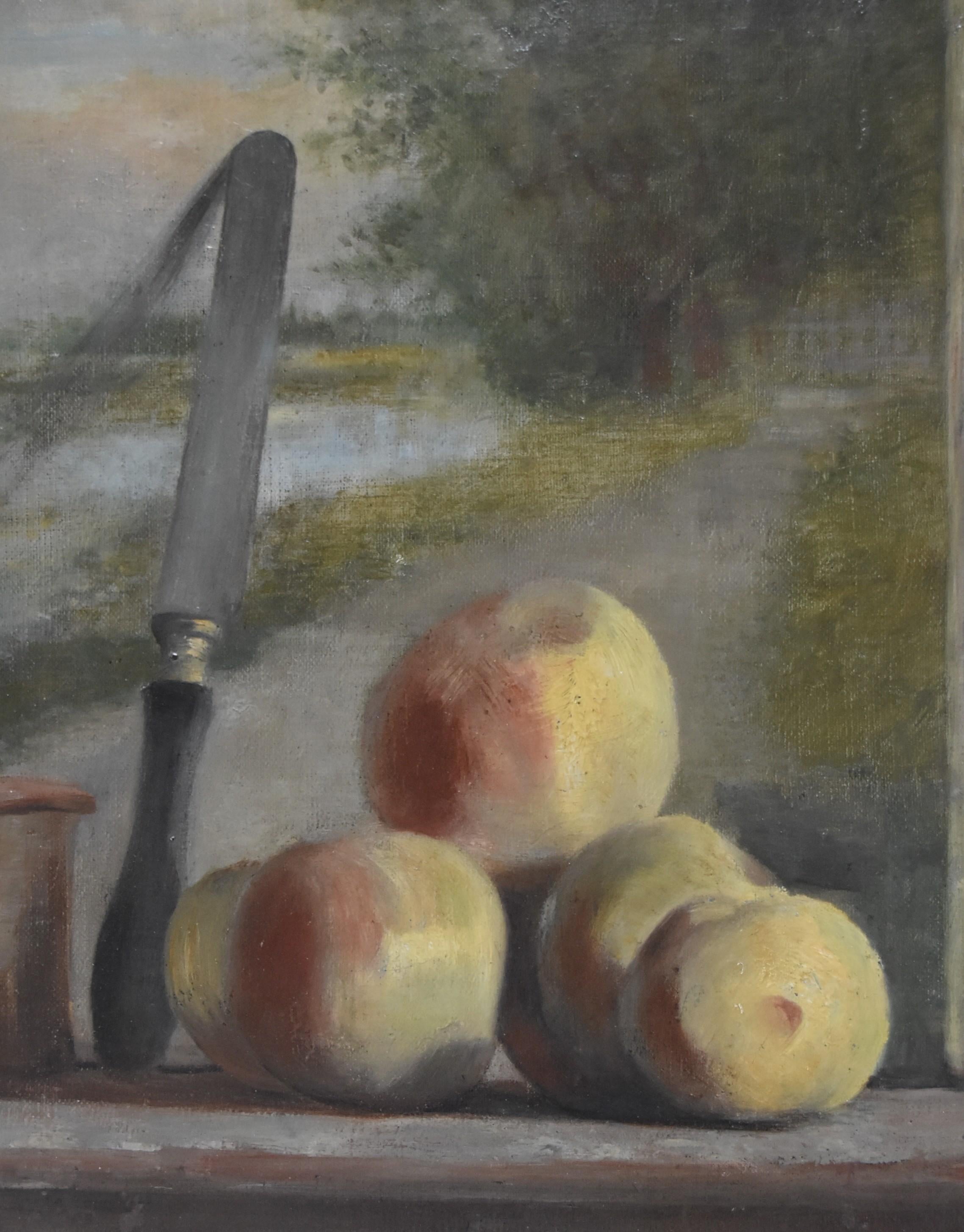 French romantic school, Still life with peaches and a painting, oil  11