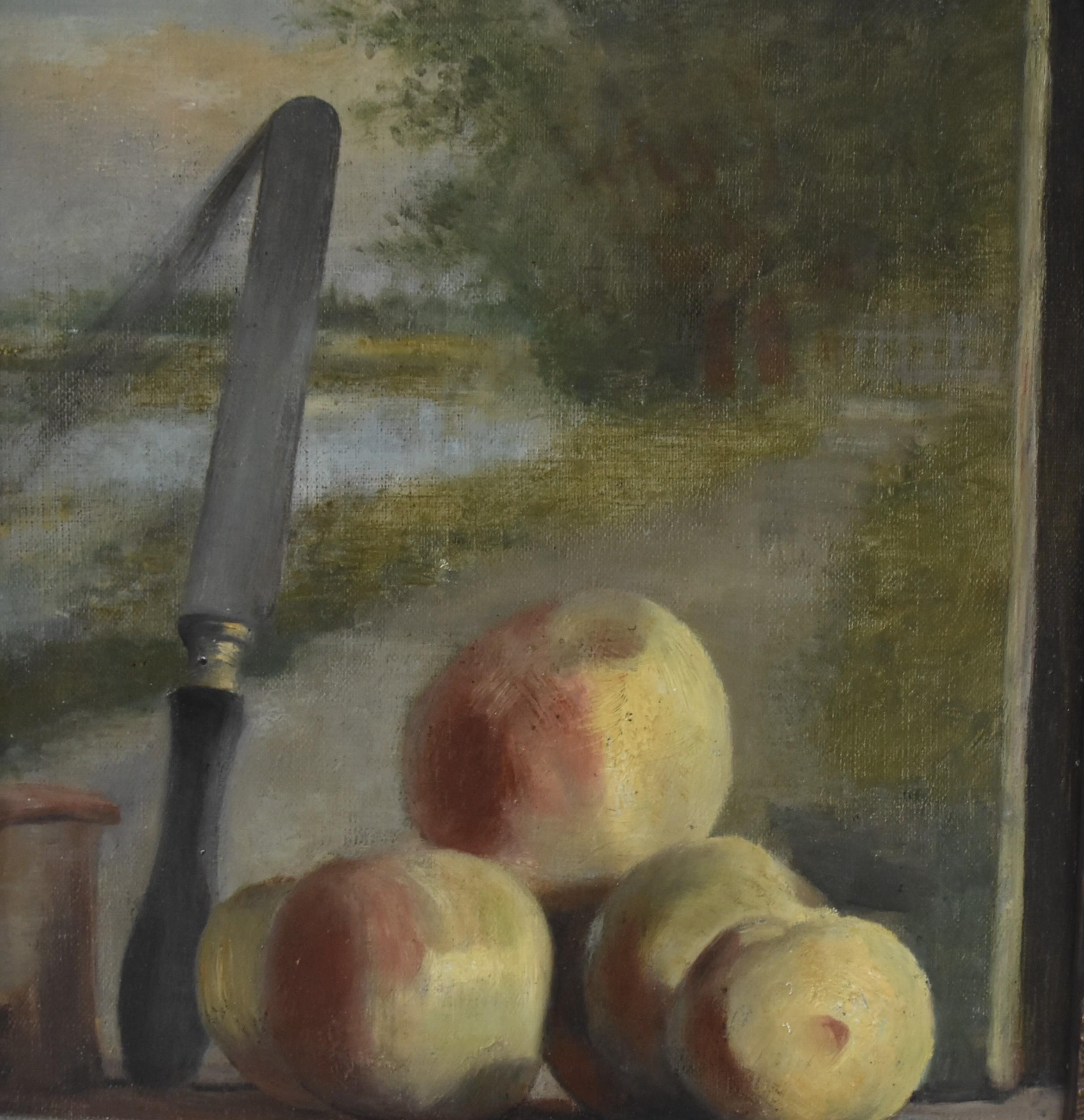 French romantic school, Still life with peaches and a painting, oil  12