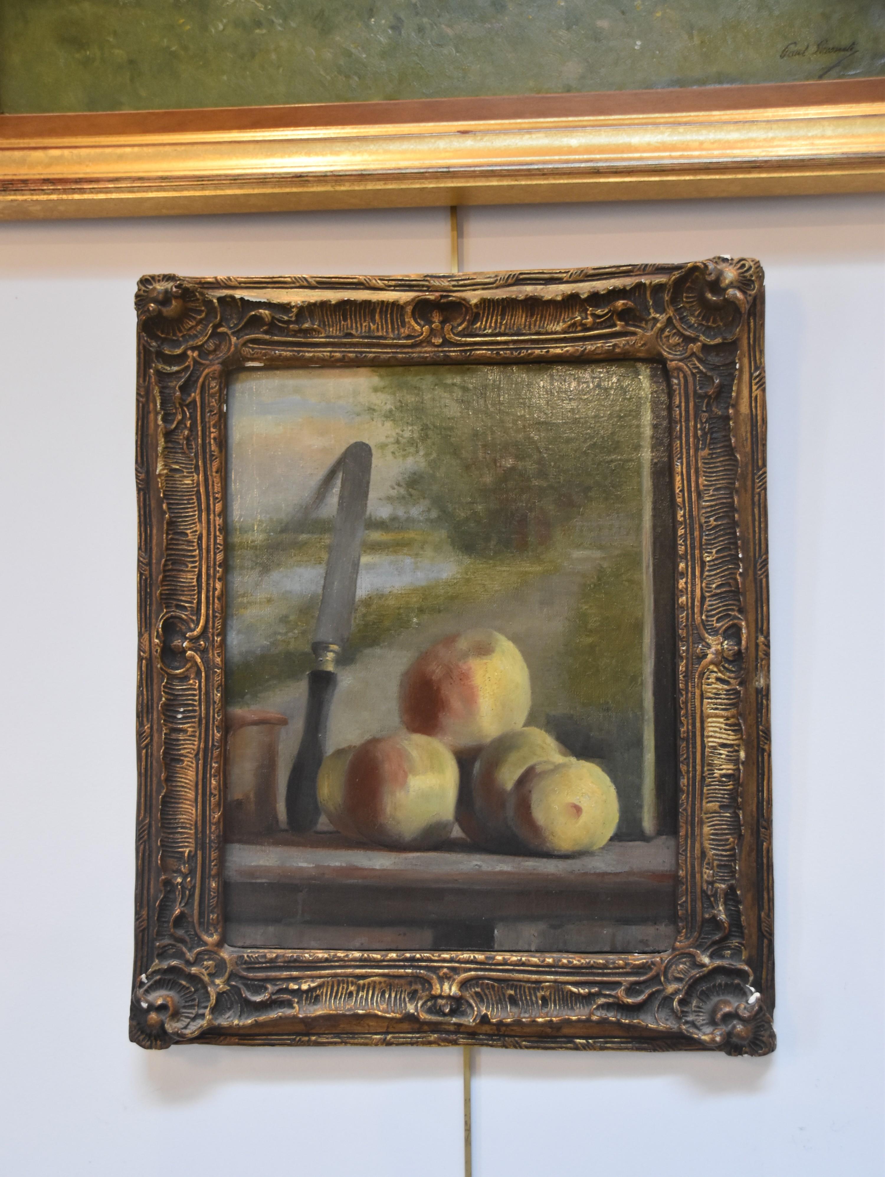 French romantic school, Still life with peaches and a painting, oil  - Painting by Unknown