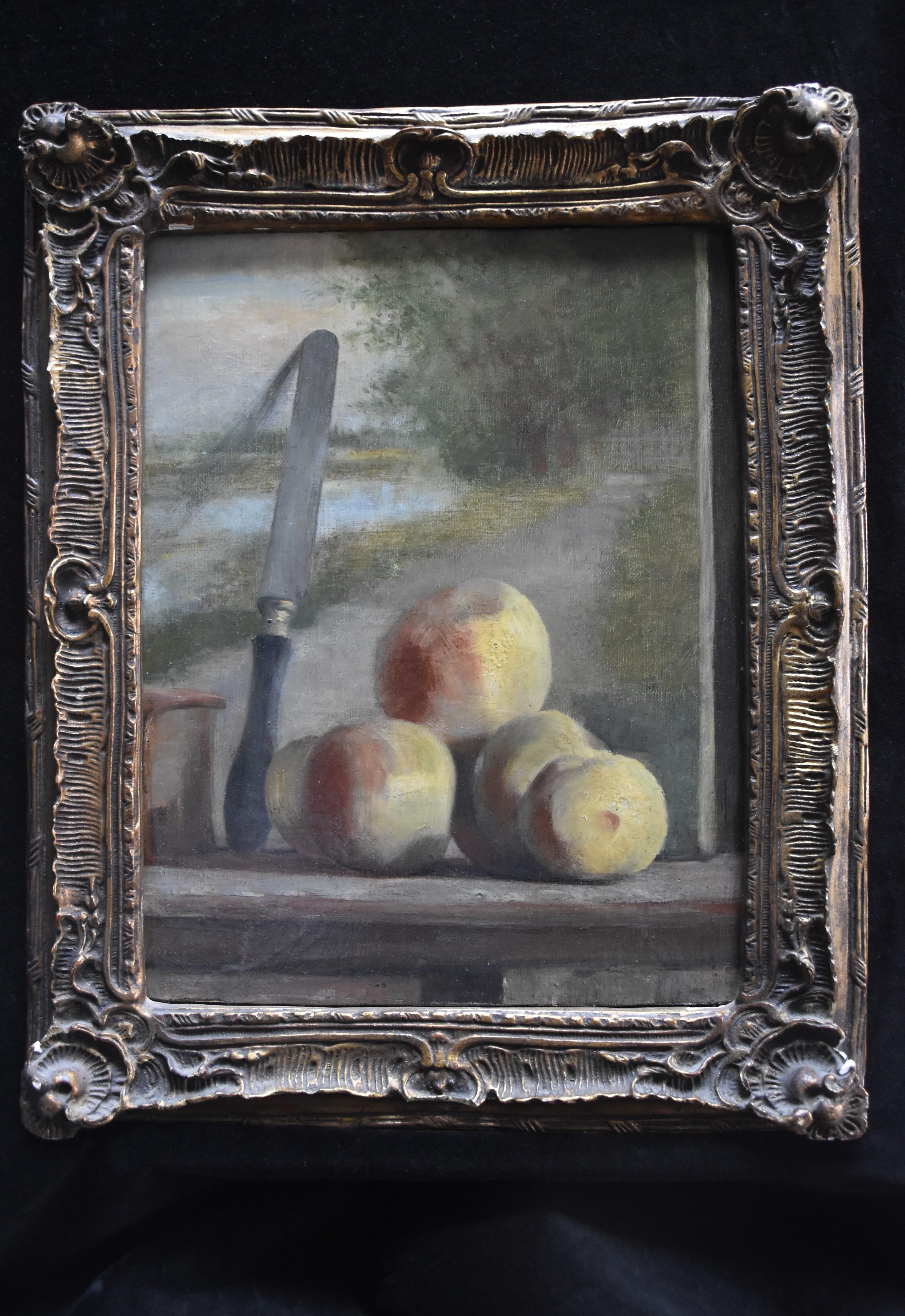 French romantic school, Still life with peaches and a painting, oil  - Romantic Painting by Unknown