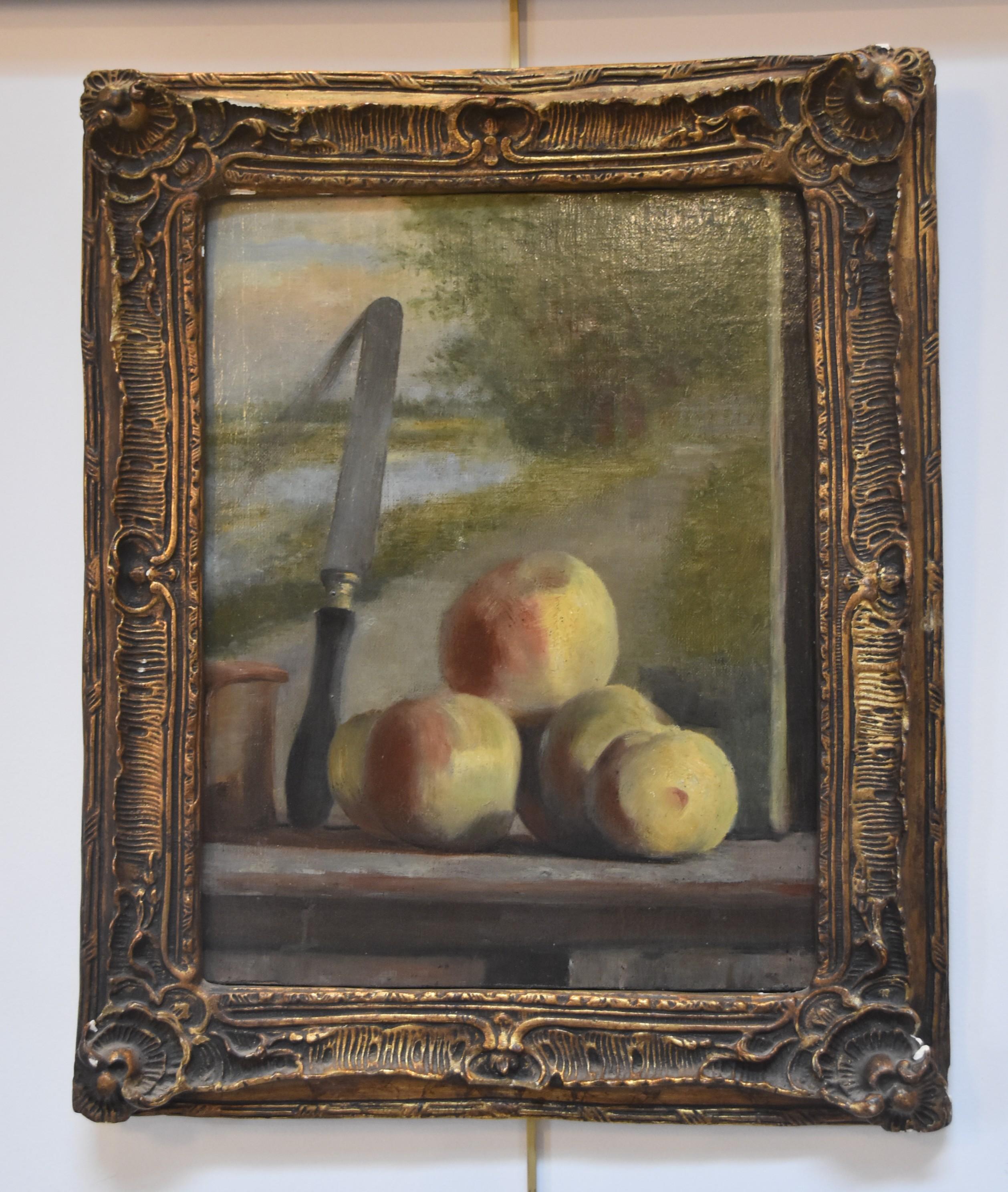 French Romantic School, 19th century
Still life with peaches and a painting,
oil on canvas, mounted on a wood panel
34 x 25.5 cm
In good condition
In a vintage frame : 44 x 36.5 cm (some losses in the gilding and small damages, see detail pictures