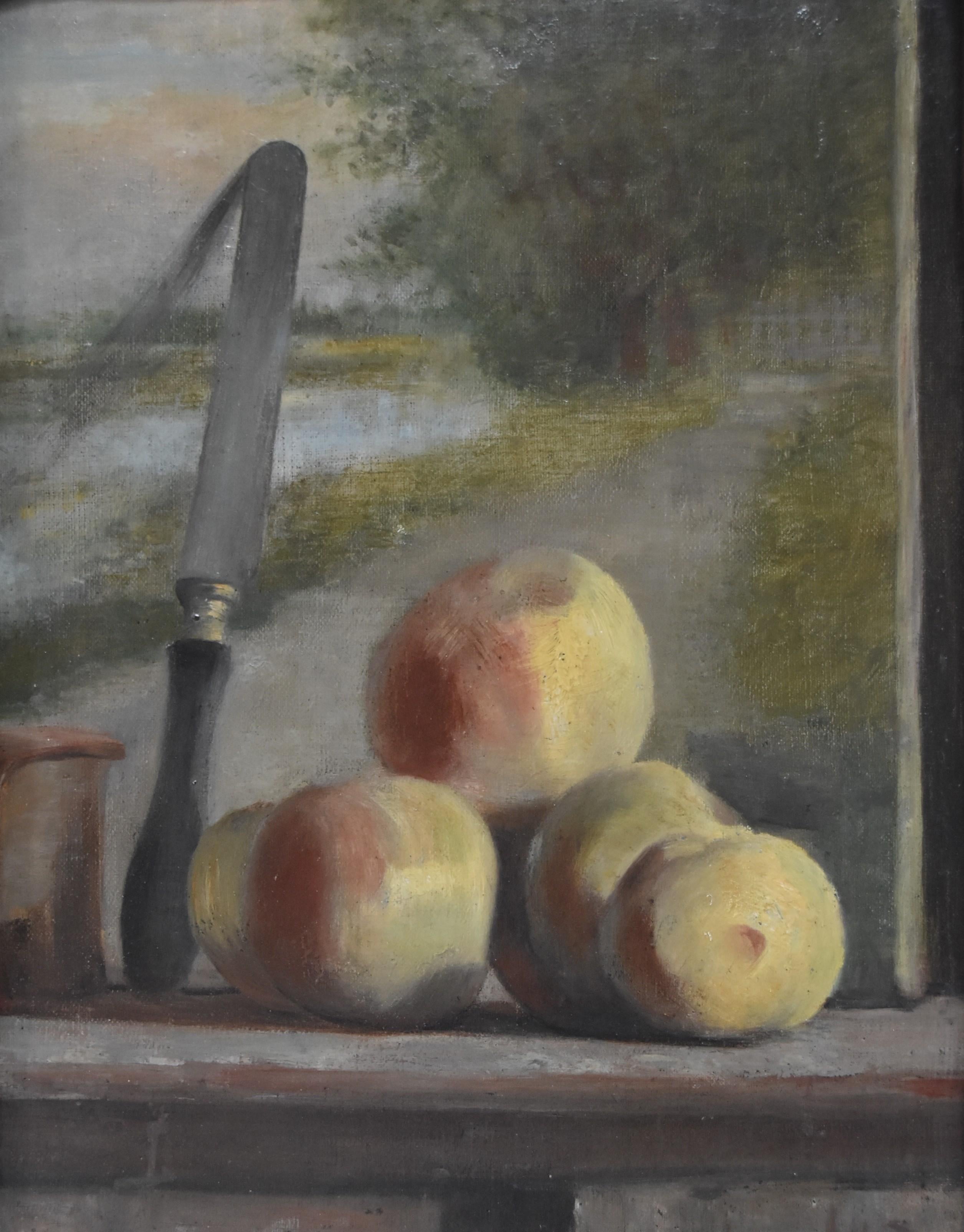 Unknown Still-Life Painting - French romantic school, Still life with peaches and a painting, oil 