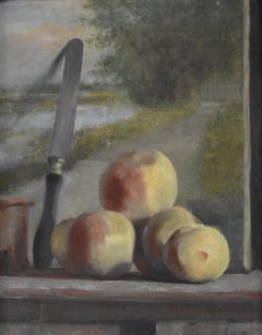 French romantic school, Still life with peaches and a painting, oil 