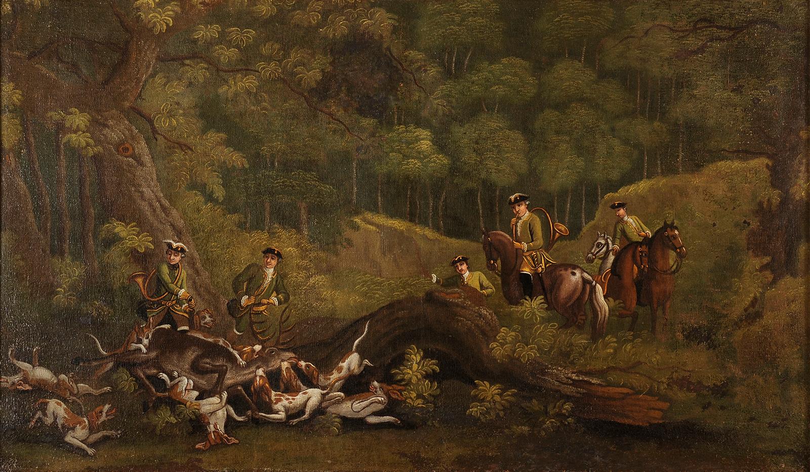 Scuola francese del XVIII secolo - Scena di caccia al cervo in Francia - Painting di Unknown