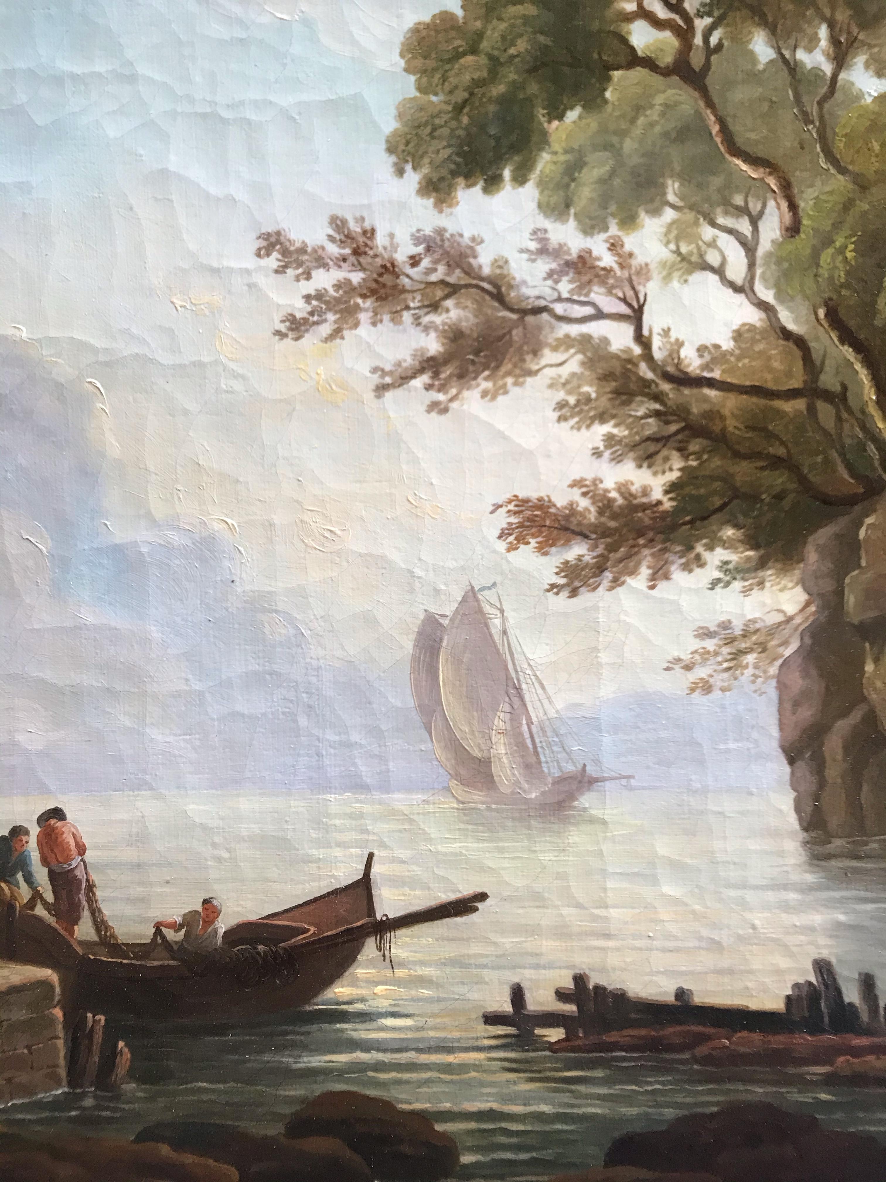 French School 18th Century - Seaside Landscape With Roman Ruins and Galleon For Sale 5