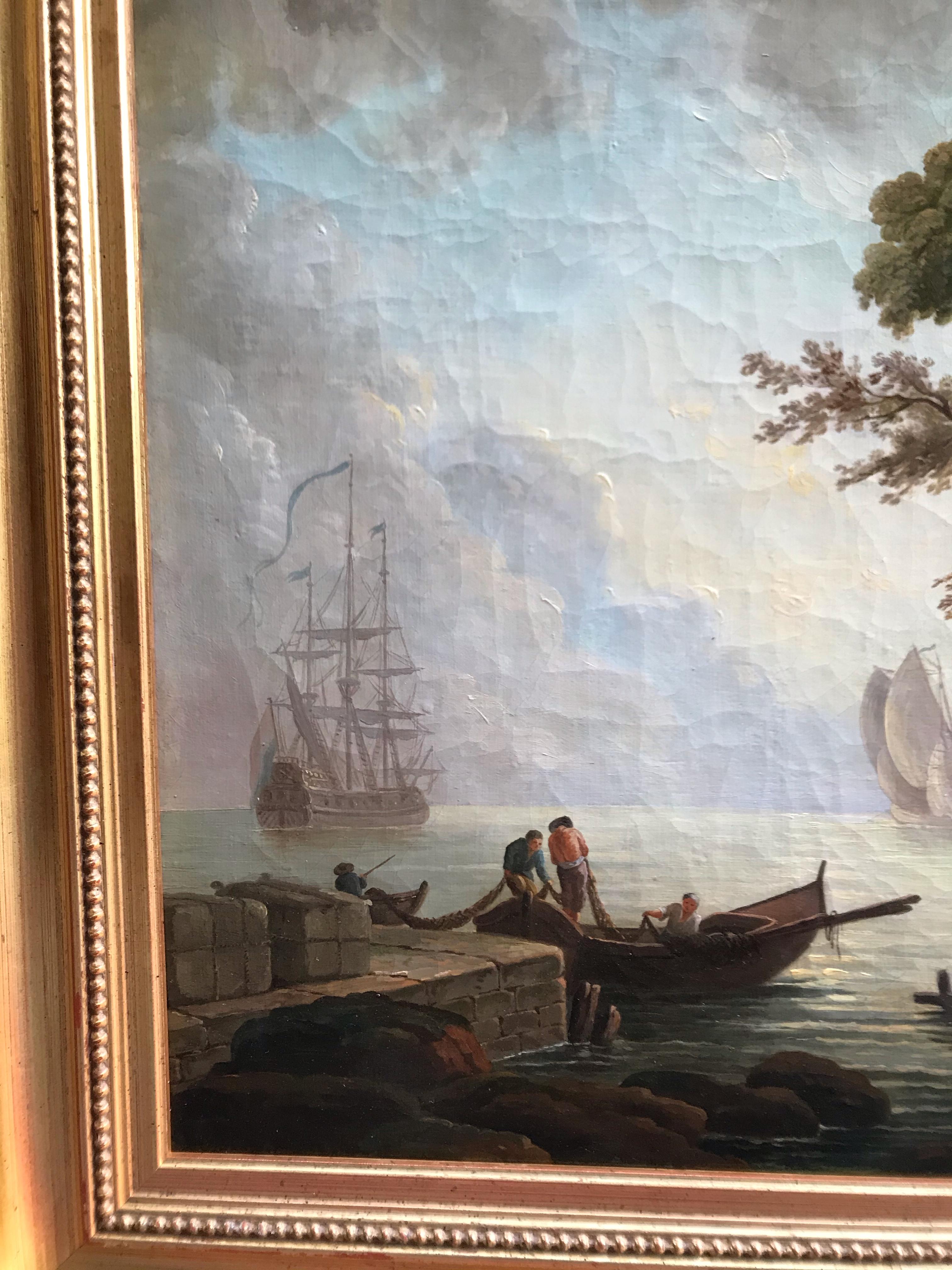 French School 18th Century - Seaside Landscape With Roman Ruins and Galleon For Sale 6