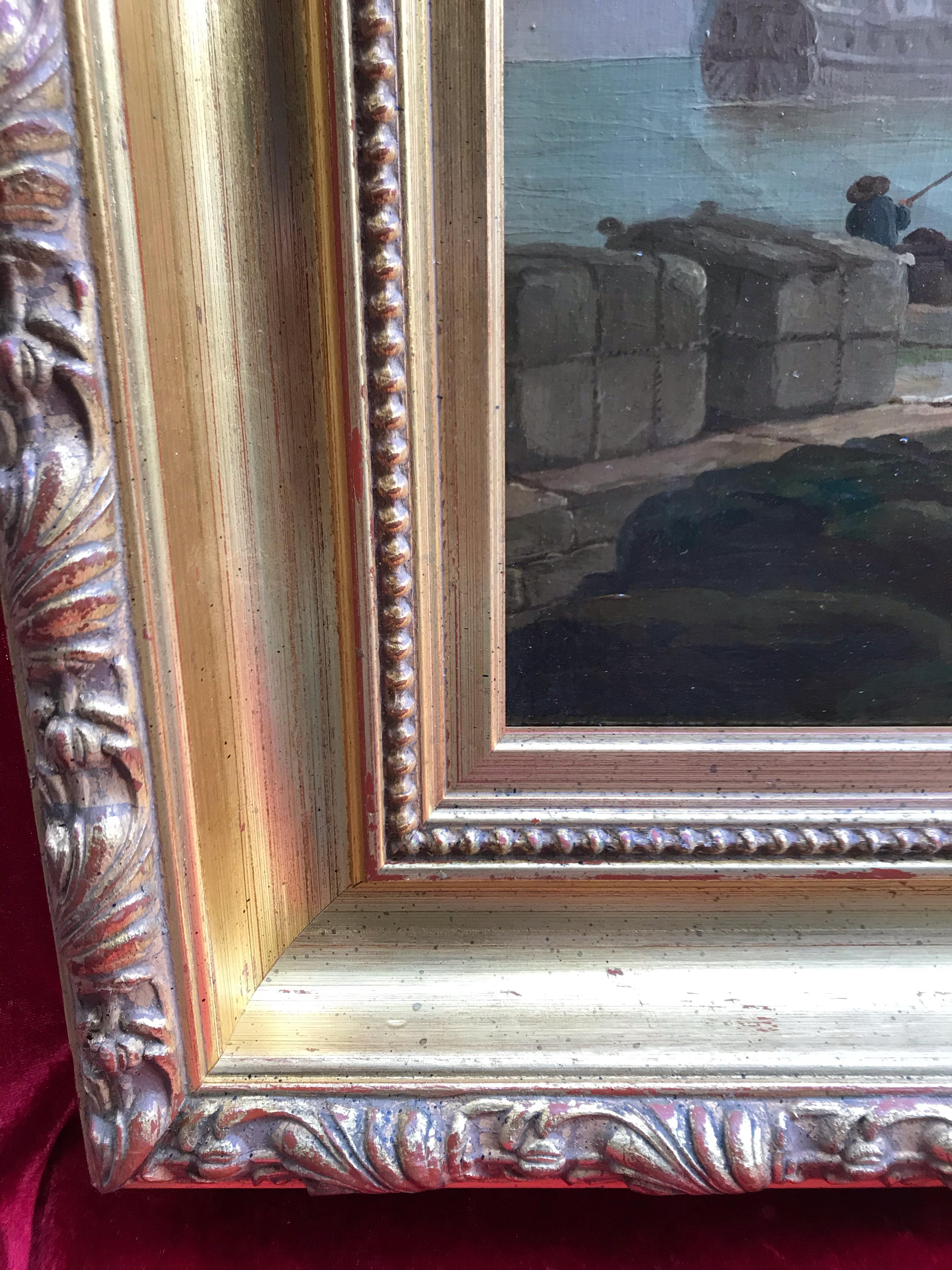 French School 18th Century - Seaside Landscape With Roman Ruins and Galleon - Brown Landscape Painting by Unknown