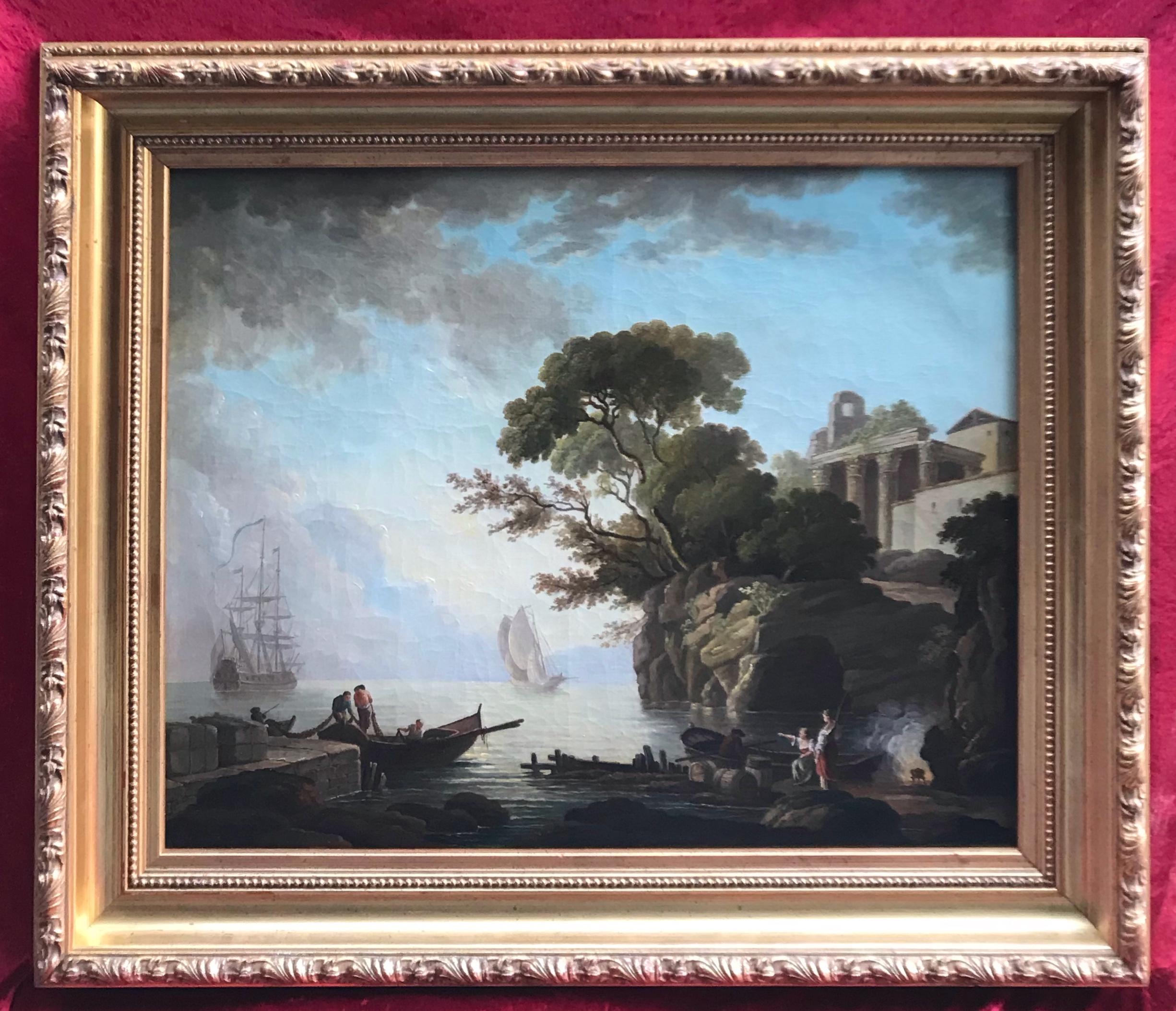 French School 18th Century - Seaside Landscape With Roman Ruins and Galleon