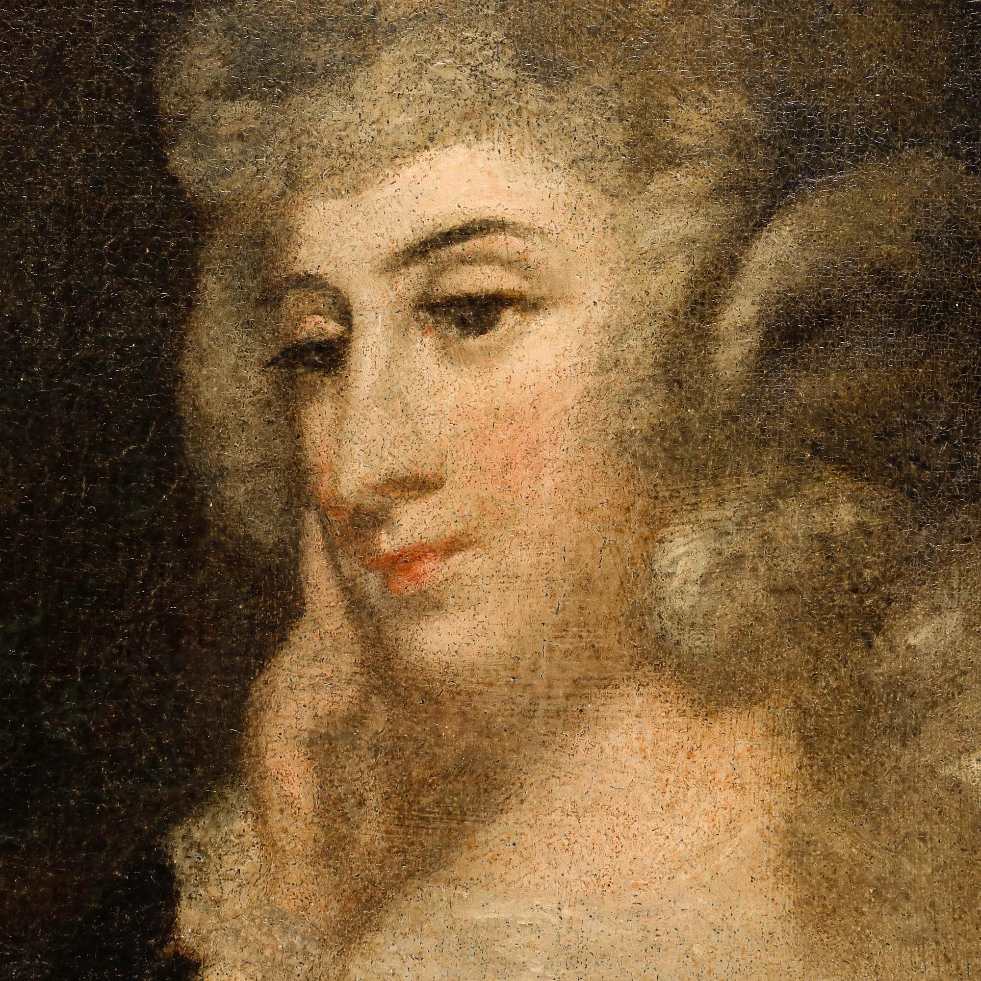 A classical 18th-century, French School, portrait of a lady, positioned in a three-quarter view with her hand thoughtfully placed near her face. Unsigned. On canvas on stretchers. 