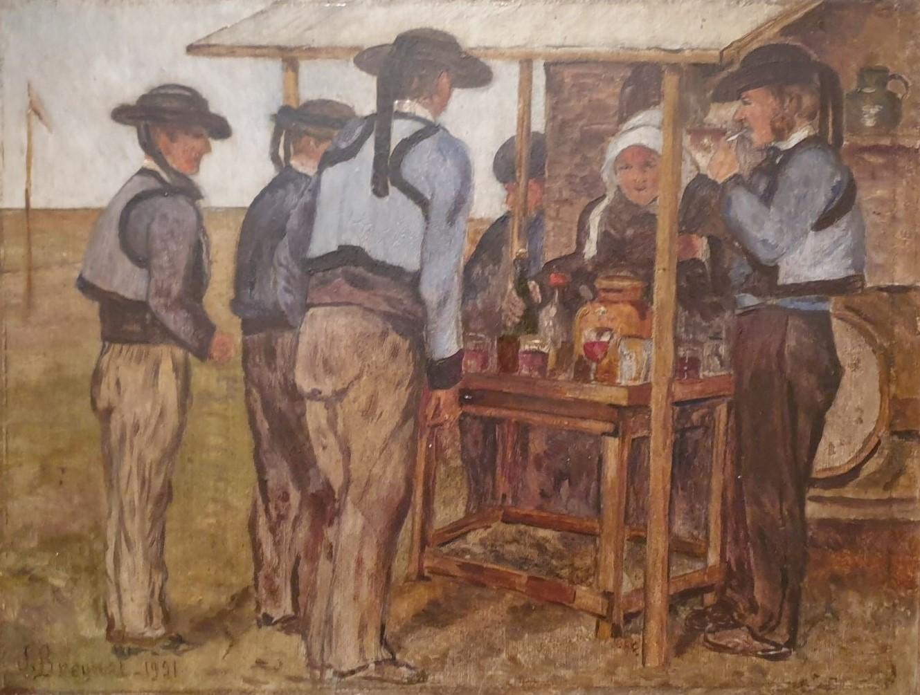 French school 1920s Brittany Brittons Village fair Pont-Aven Cornouaille - Painting by Unknown