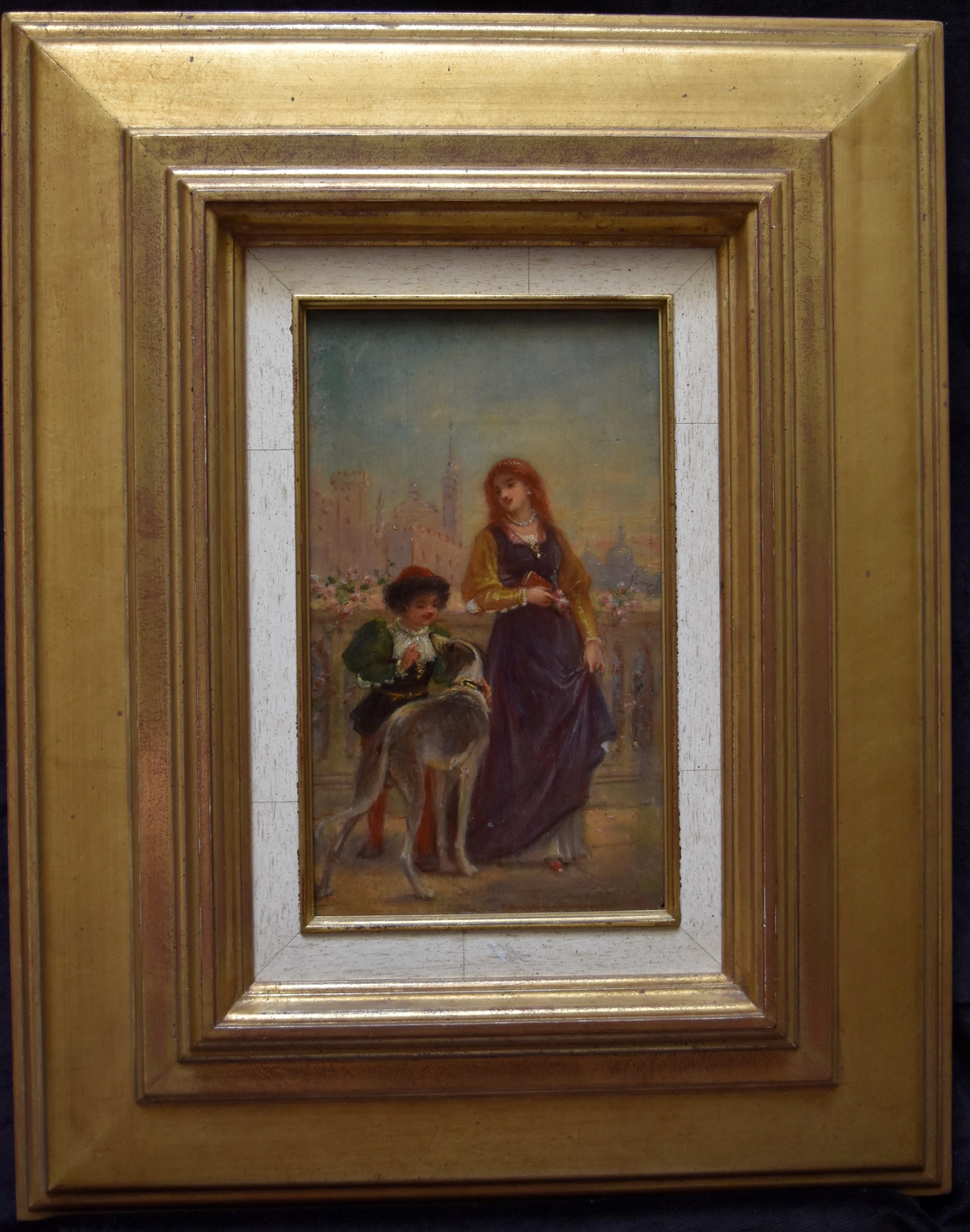 Französische Schule des 19. Jahrhunderts, Eine Renaissance-Szene mit einer Dame und einem Jungen, Öl auf Tafel (Romantik), Painting, von Unknown