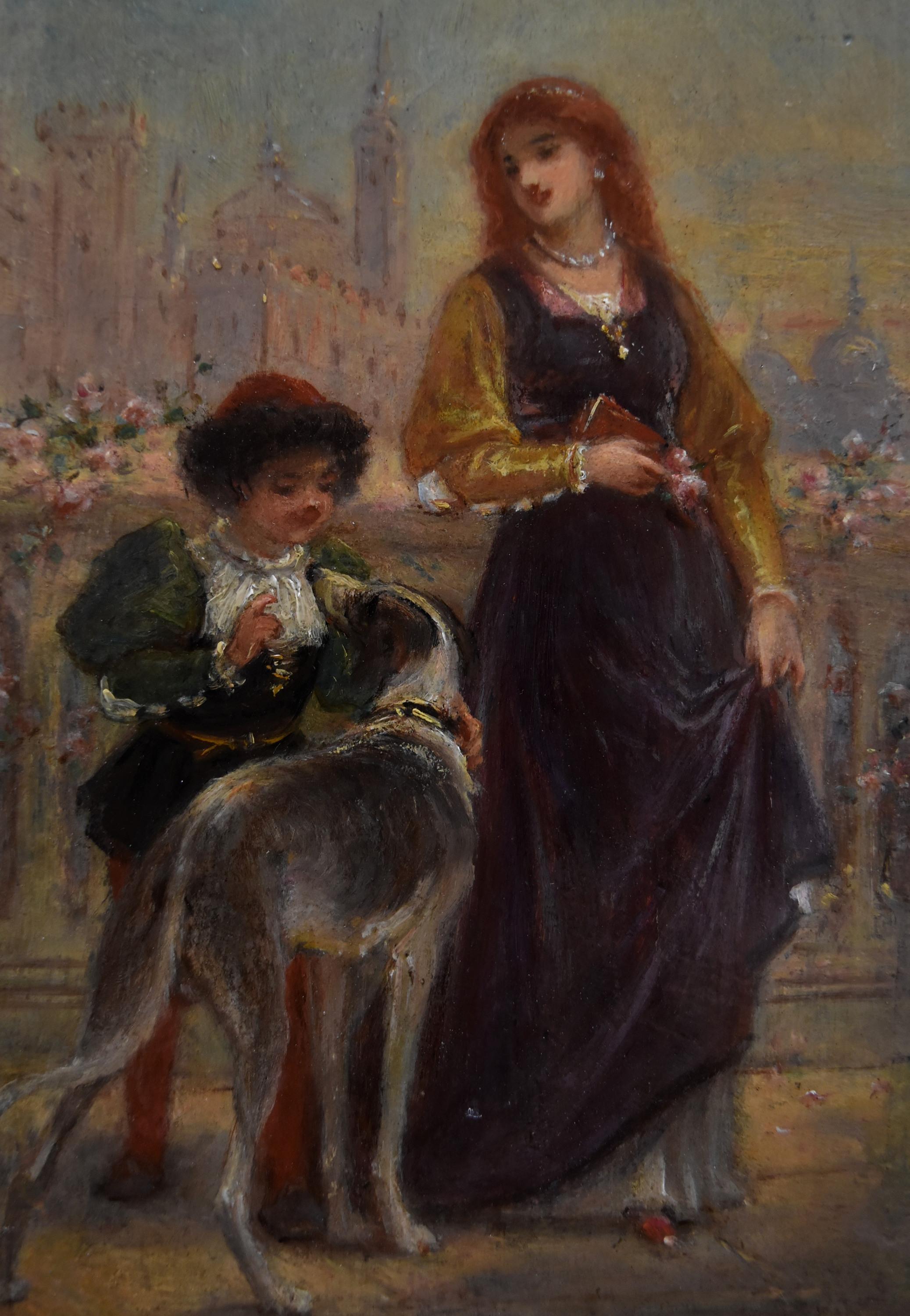 Französische Schule des 19. Jahrhunderts, Eine Renaissance-Szene mit einer Dame und einem Jungen, Öl auf Tafel – Painting von Unknown