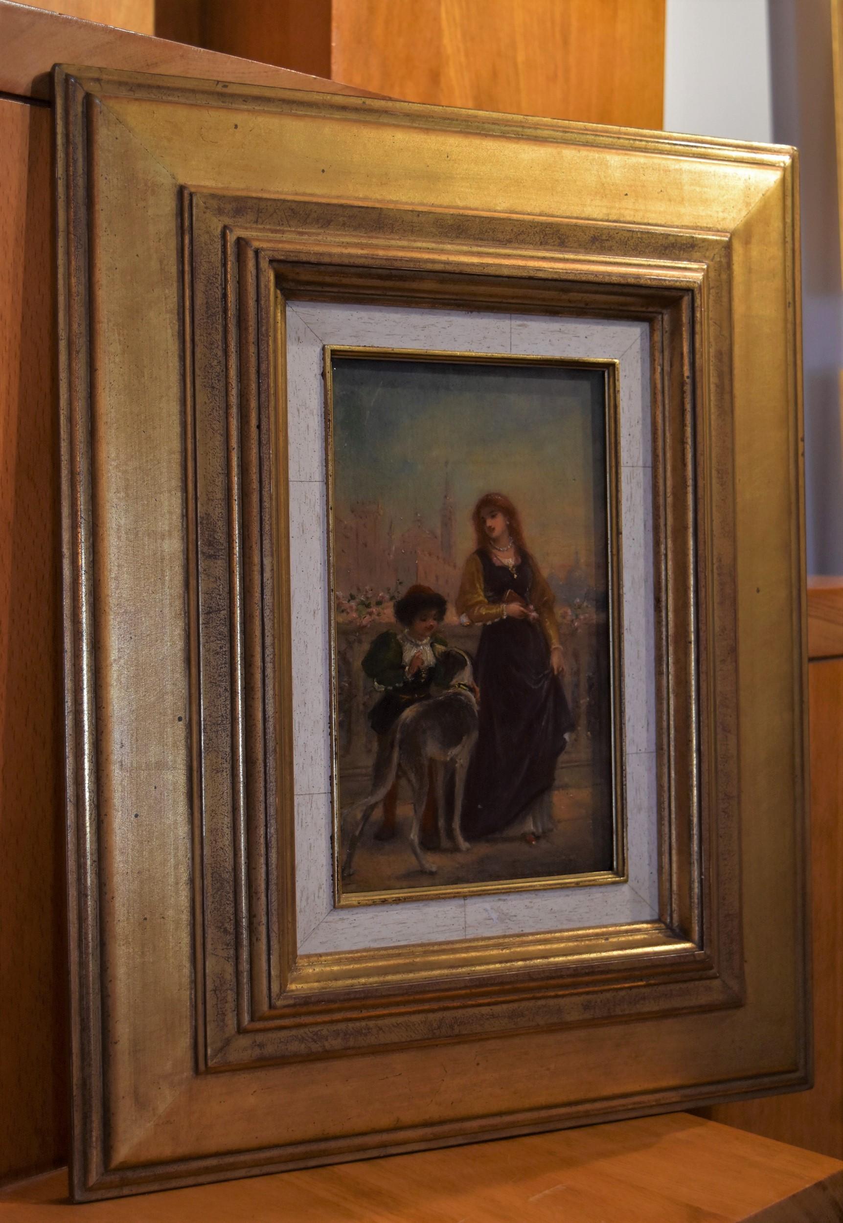 Französische Schule des 19. Jahrhunderts, Eine Renaissance-Szene mit einer Dame und einem Jungen, Öl auf Tafel im Angebot 1