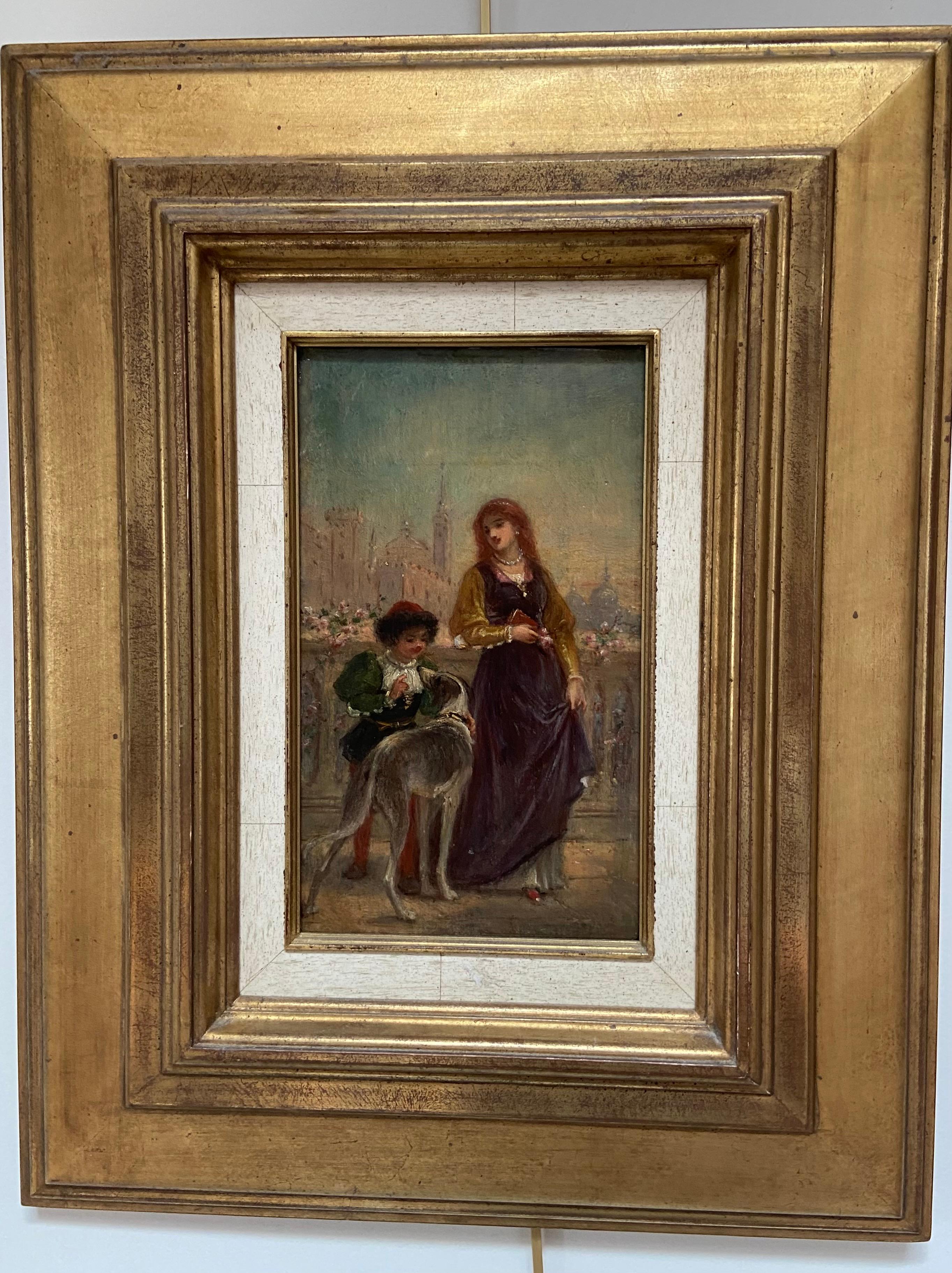 École française du 19e siècle, scène de la Renaissance avec une femme et un garçon, huile sur panneau en vente 1