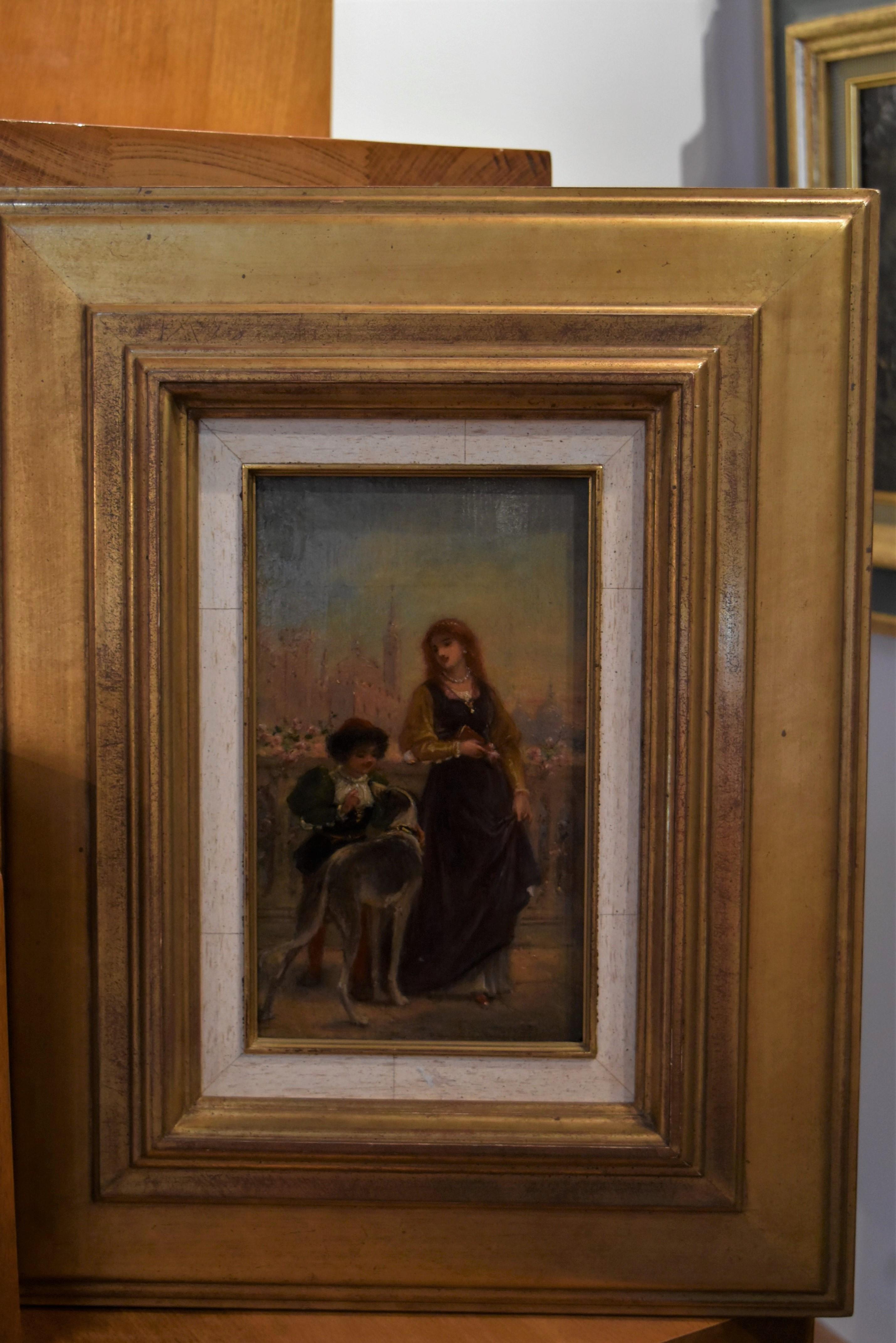 Französische Schule des 19. Jahrhunderts, Eine Renaissance-Szene mit einer Dame und einem Jungen, Öl auf Tafel im Angebot 2