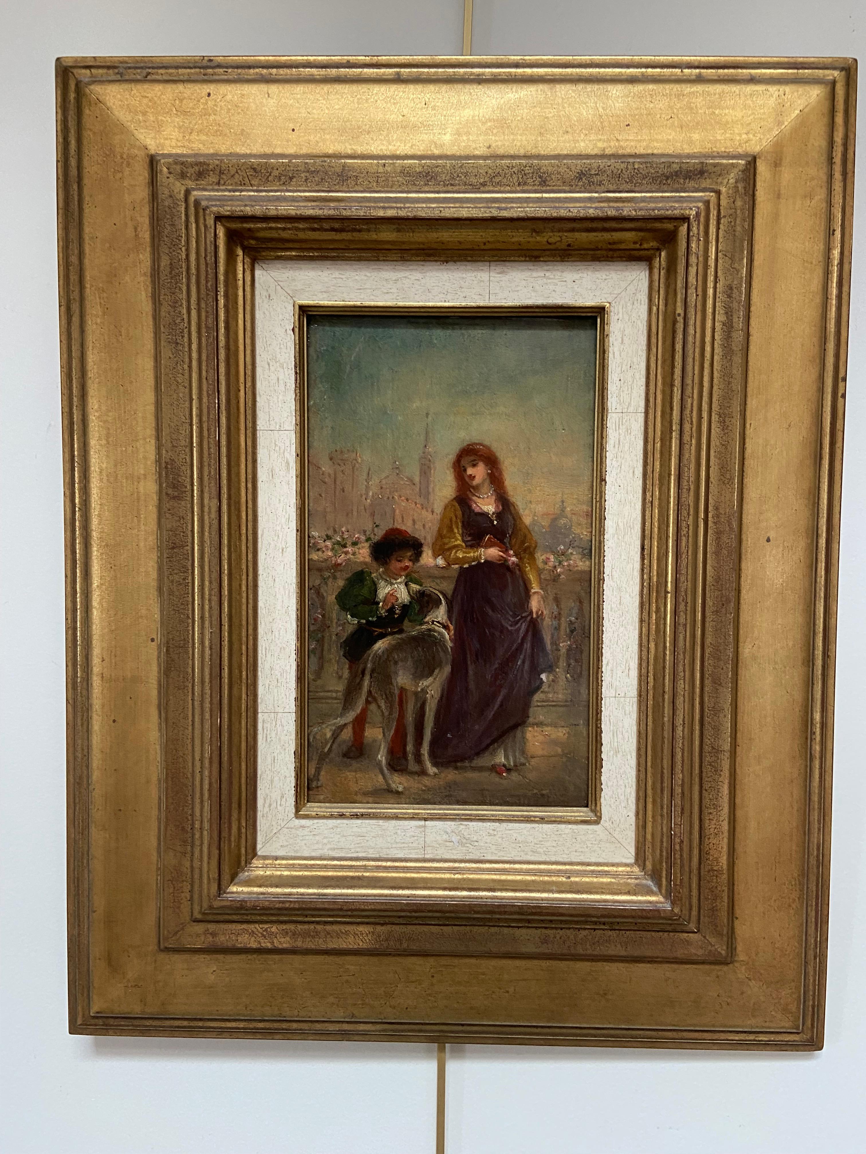 École française du 19e siècle, scène de la Renaissance avec une femme et un garçon, huile sur panneau en vente 3
