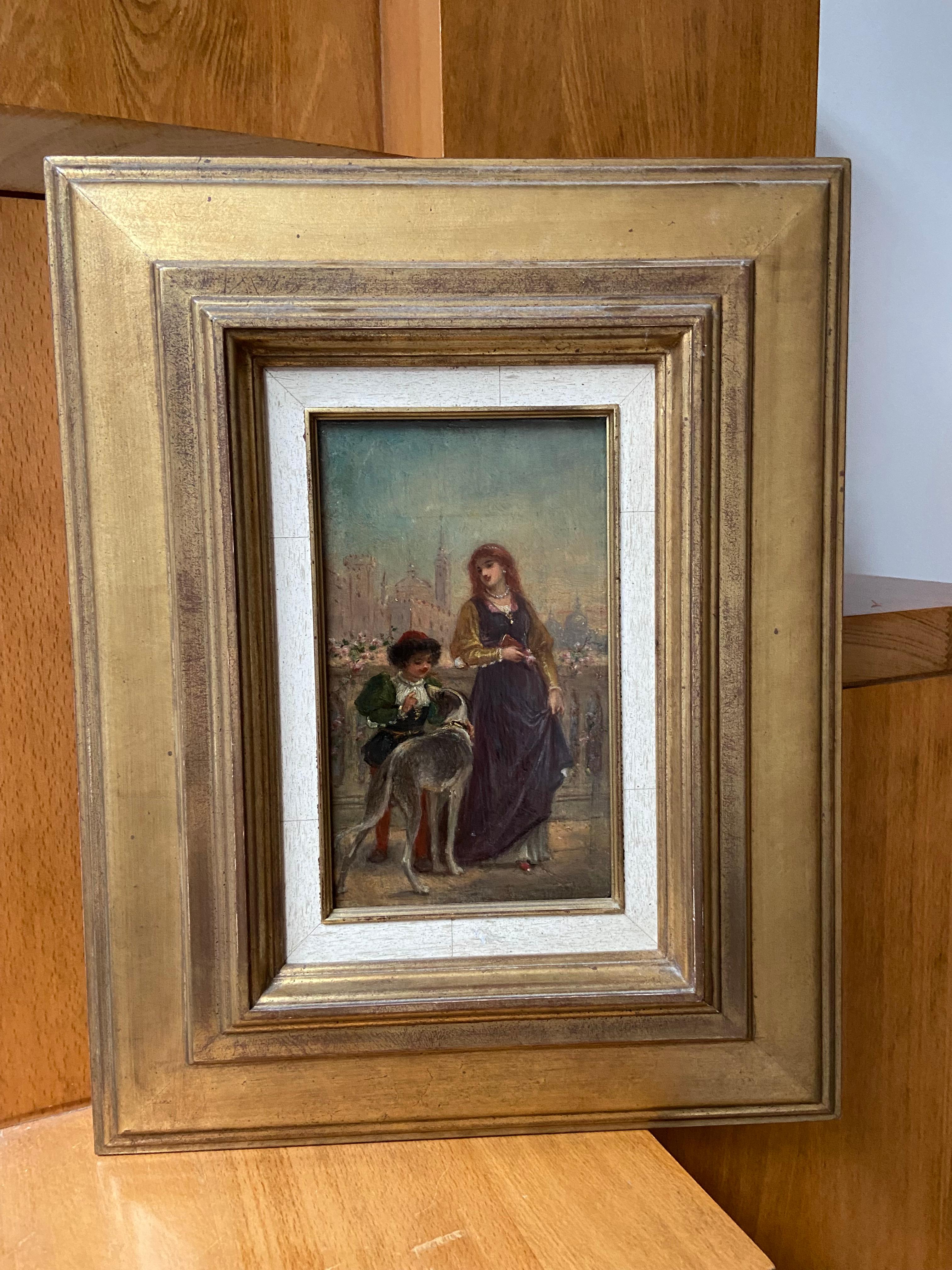 École française du 19e siècle, scène de la Renaissance avec une femme et un garçon, huile sur panneau en vente 4