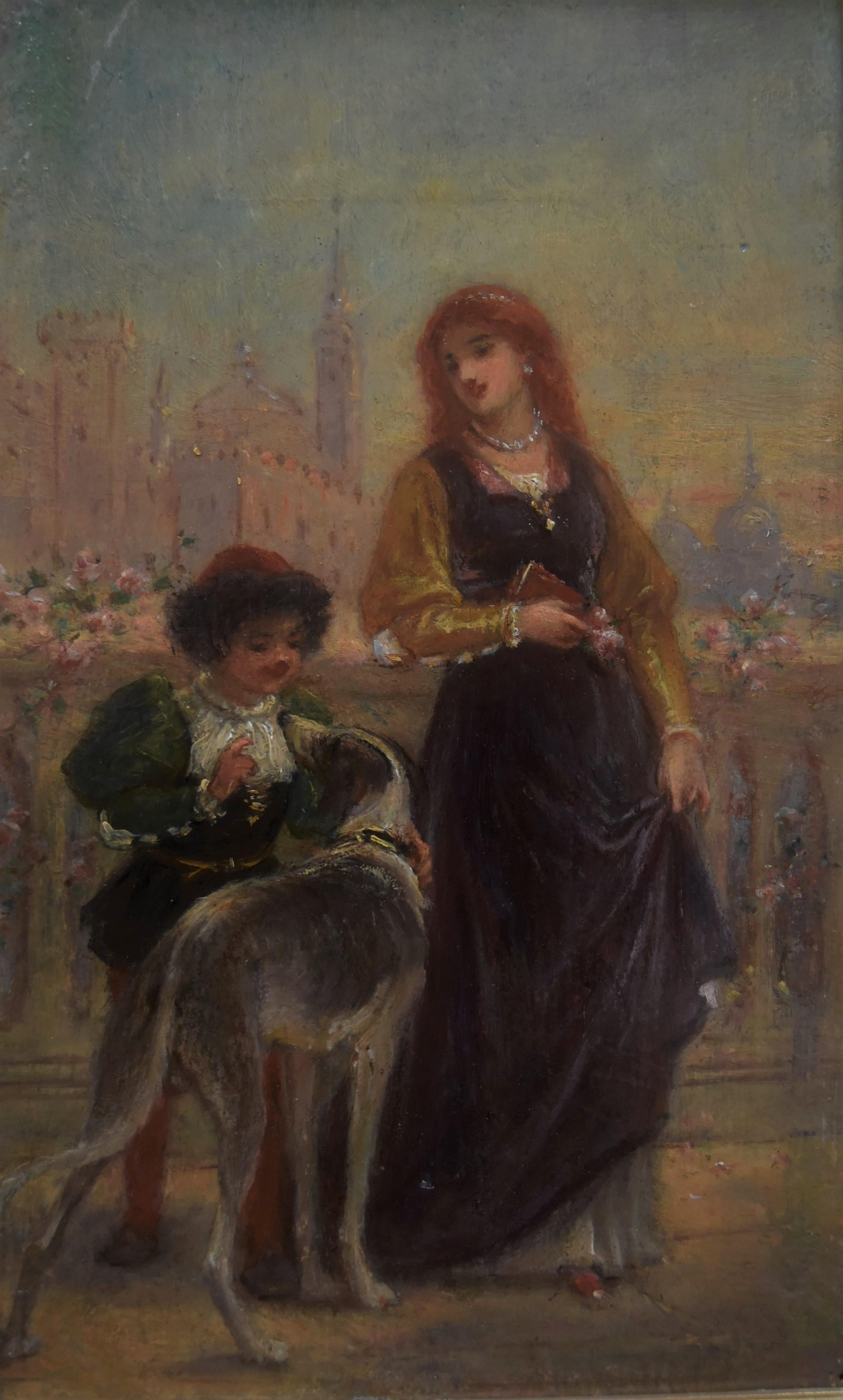 Unknown Figurative Painting – Französische Schule des 19. Jahrhunderts, Eine Renaissance-Szene mit einer Dame und einem Jungen, Öl auf Tafel
