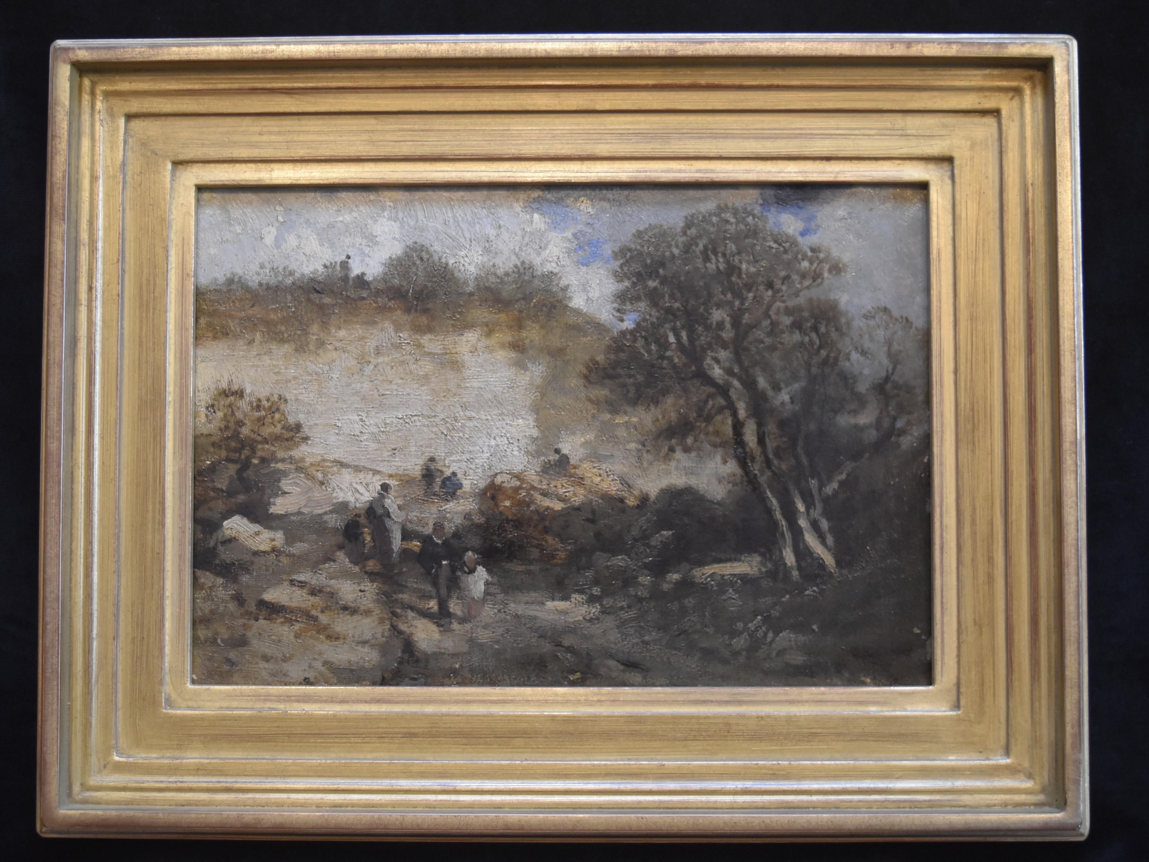 French School 19th century, Fontainebleau landscape with walkers, oil on canvas - Painting by Unknown