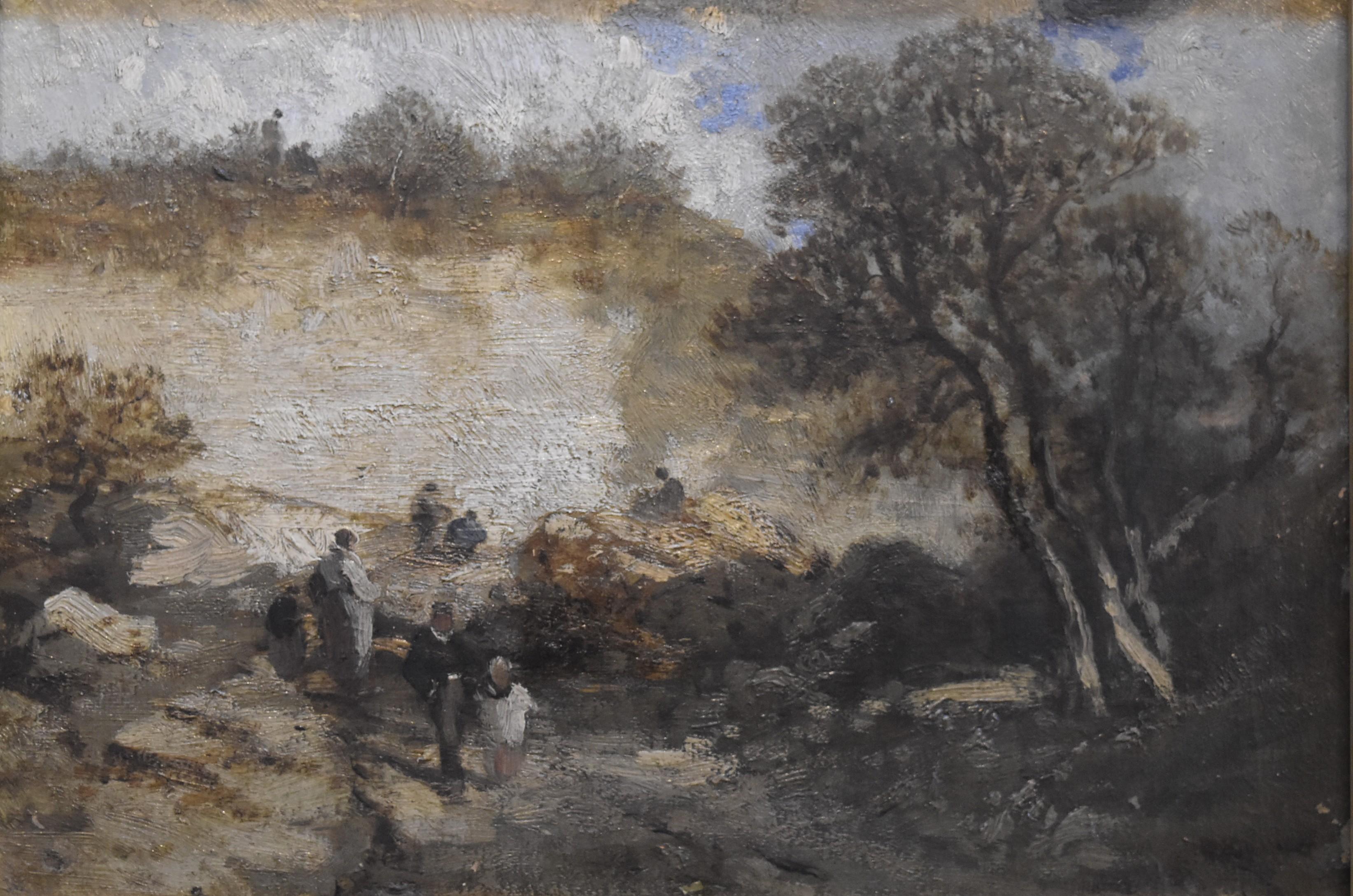 Unknown Landscape Painting - French School 19th century, Fontainebleau landscape with walkers, oil on canvas