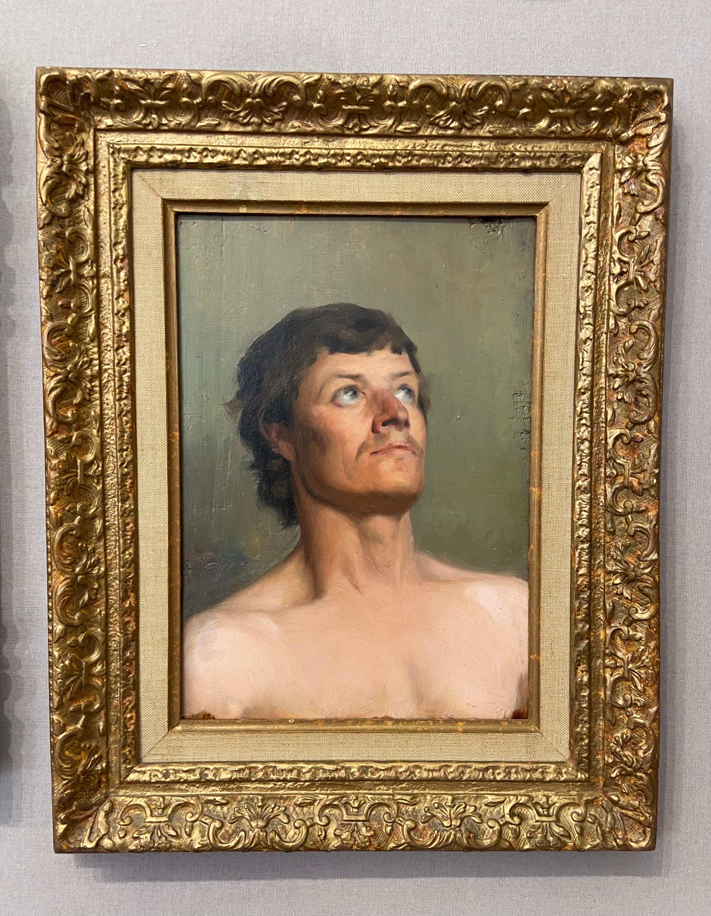 Scuola francese del XIX secolo, Uomo a busto nudo, olio su pannello di legno - Painting di Unknown