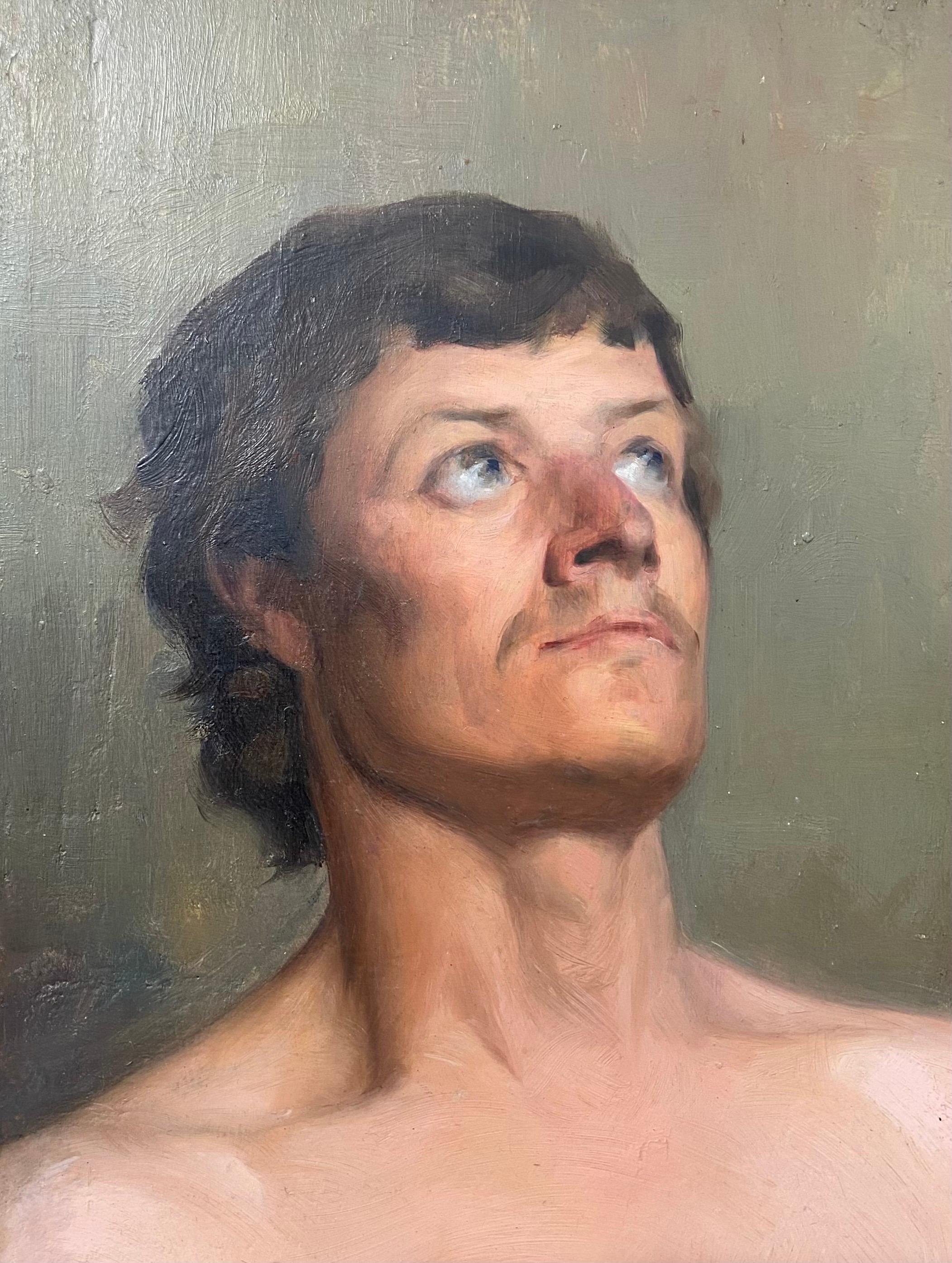 Scuola francese del XIX secolo, Uomo a busto nudo, olio su pannello di legno - Portrait Painting Marrone di Unknown