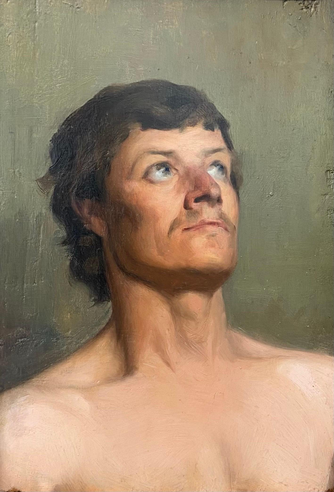 Portrait Painting di Unknown - Scuola francese del XIX secolo, Uomo a busto nudo, olio su pannello di legno