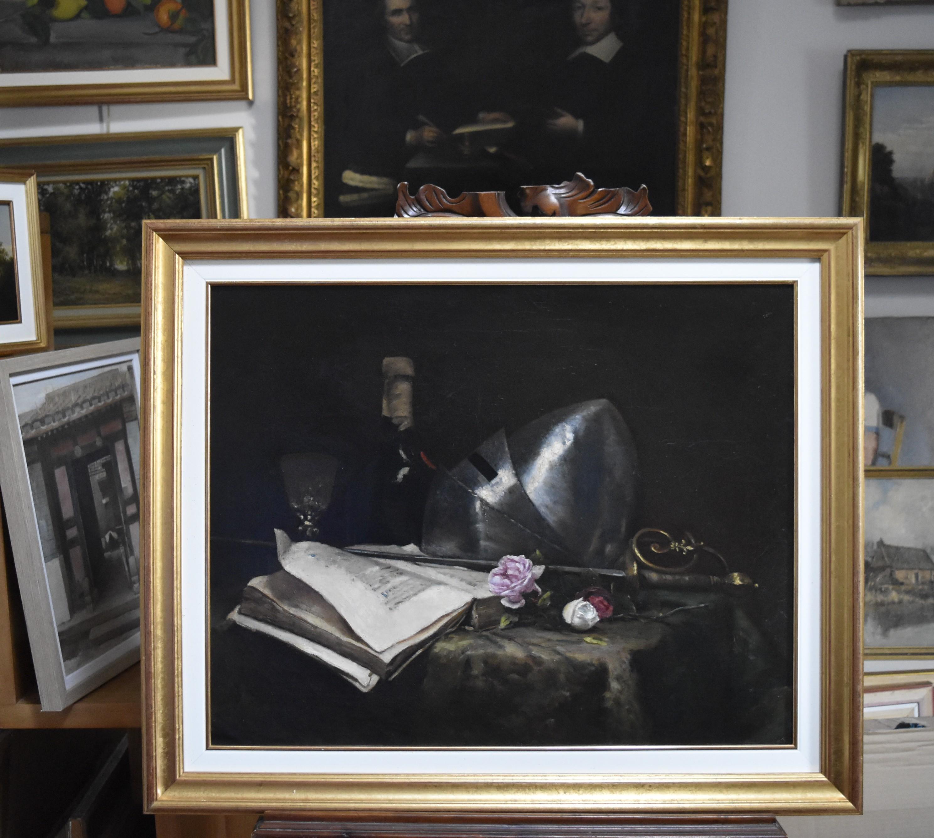 French School 19th Century, A Romantic Still-life with a sword a book and roses  3