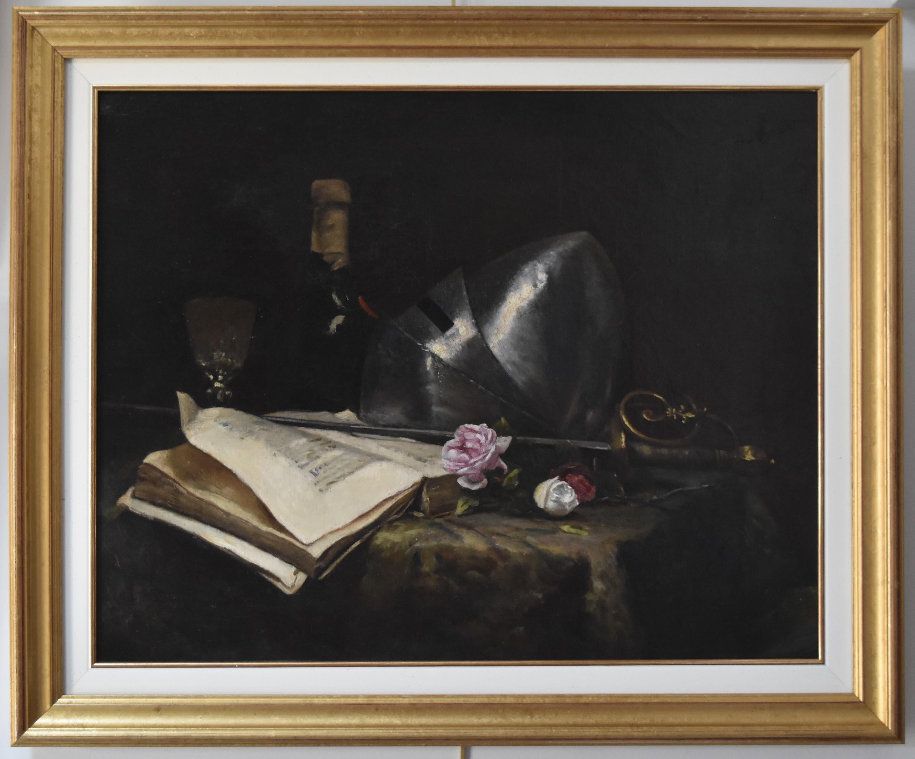 French School 19th Century, A Romantic Still-life with a sword a book and roses  - Painting by Unknown