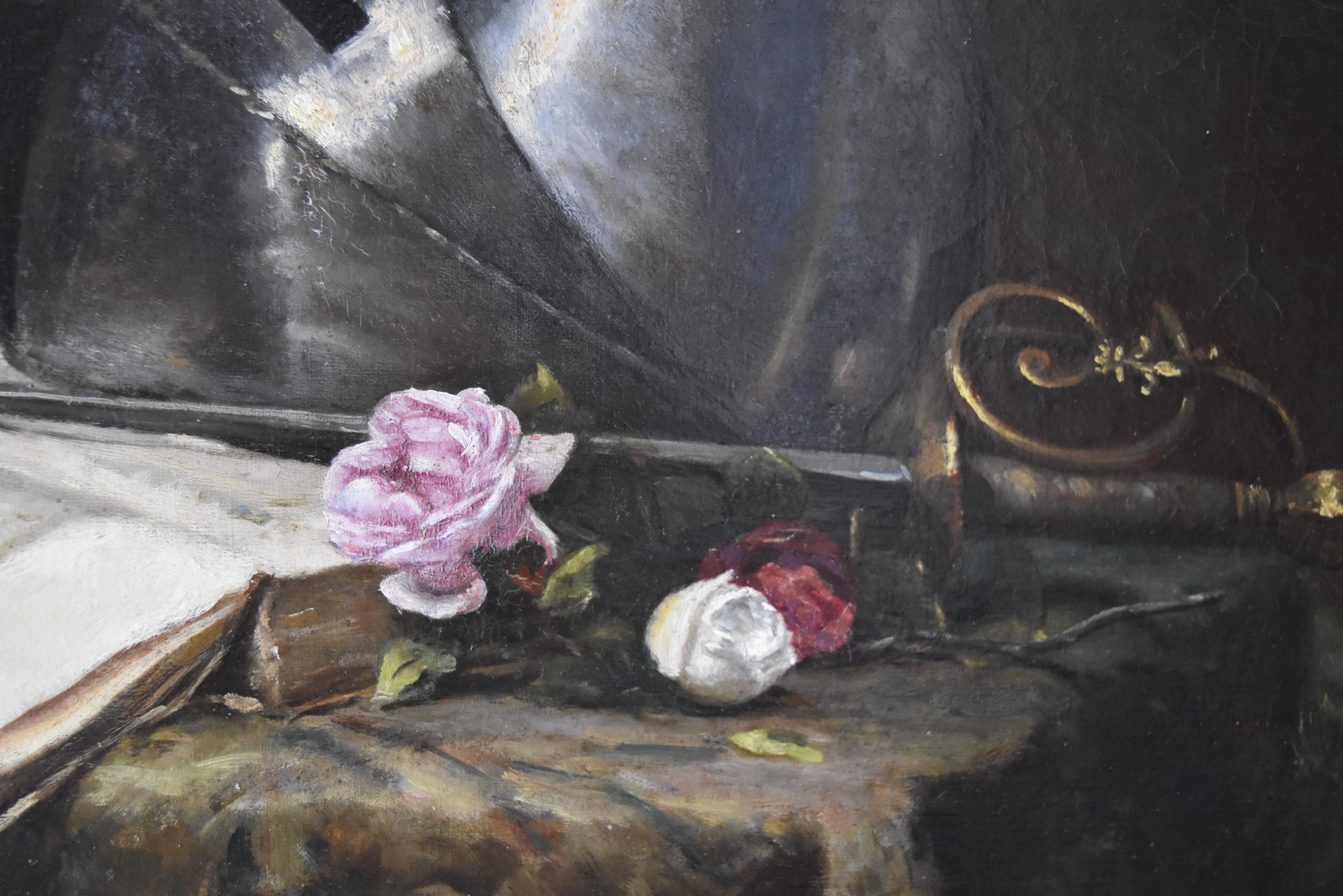 French School 19th Century, A Romantic Still-life with a sword a book and roses  - Black Still-Life Painting by Unknown