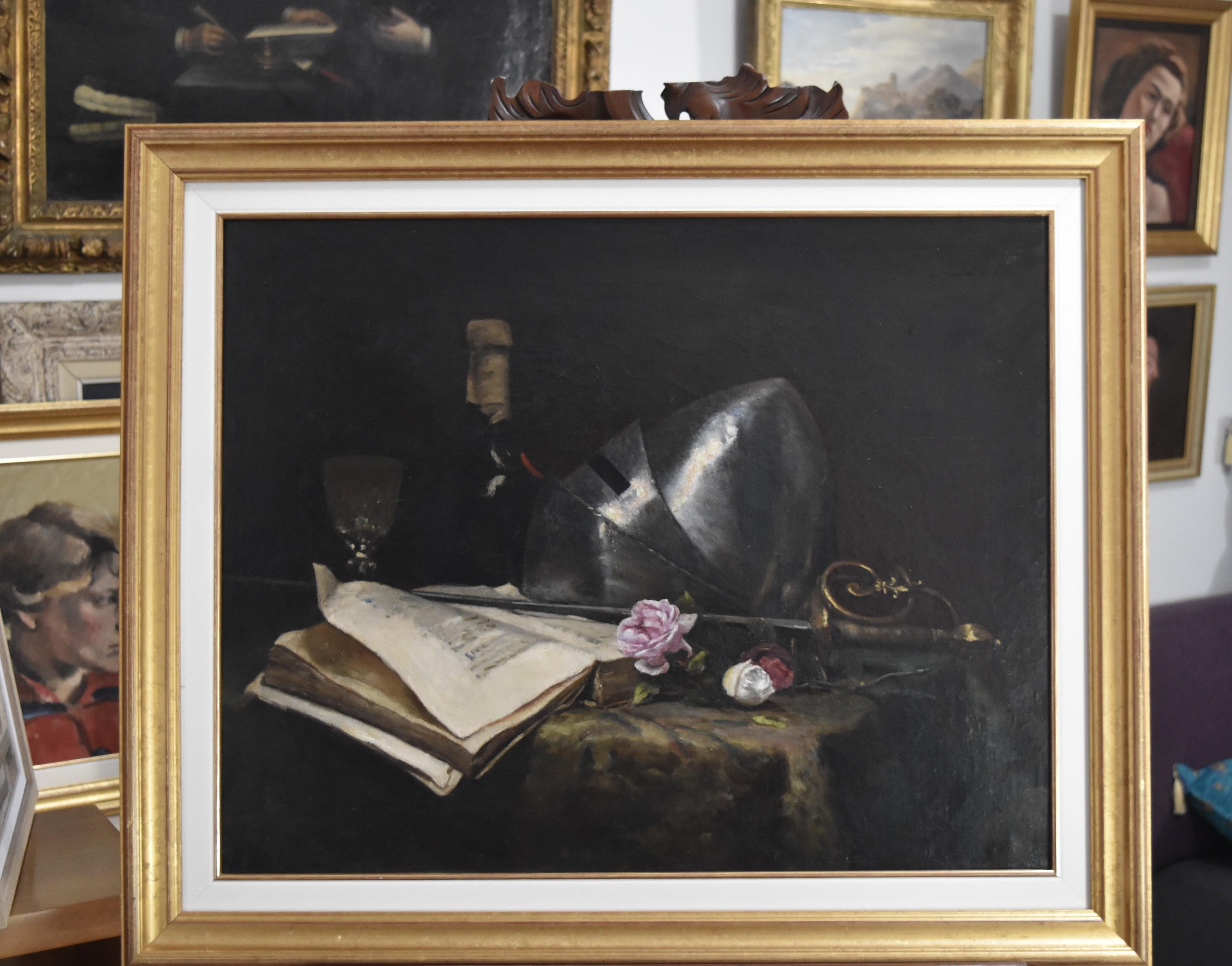 French School 19th Century, A Romantic Still-life with a sword a book and roses  1