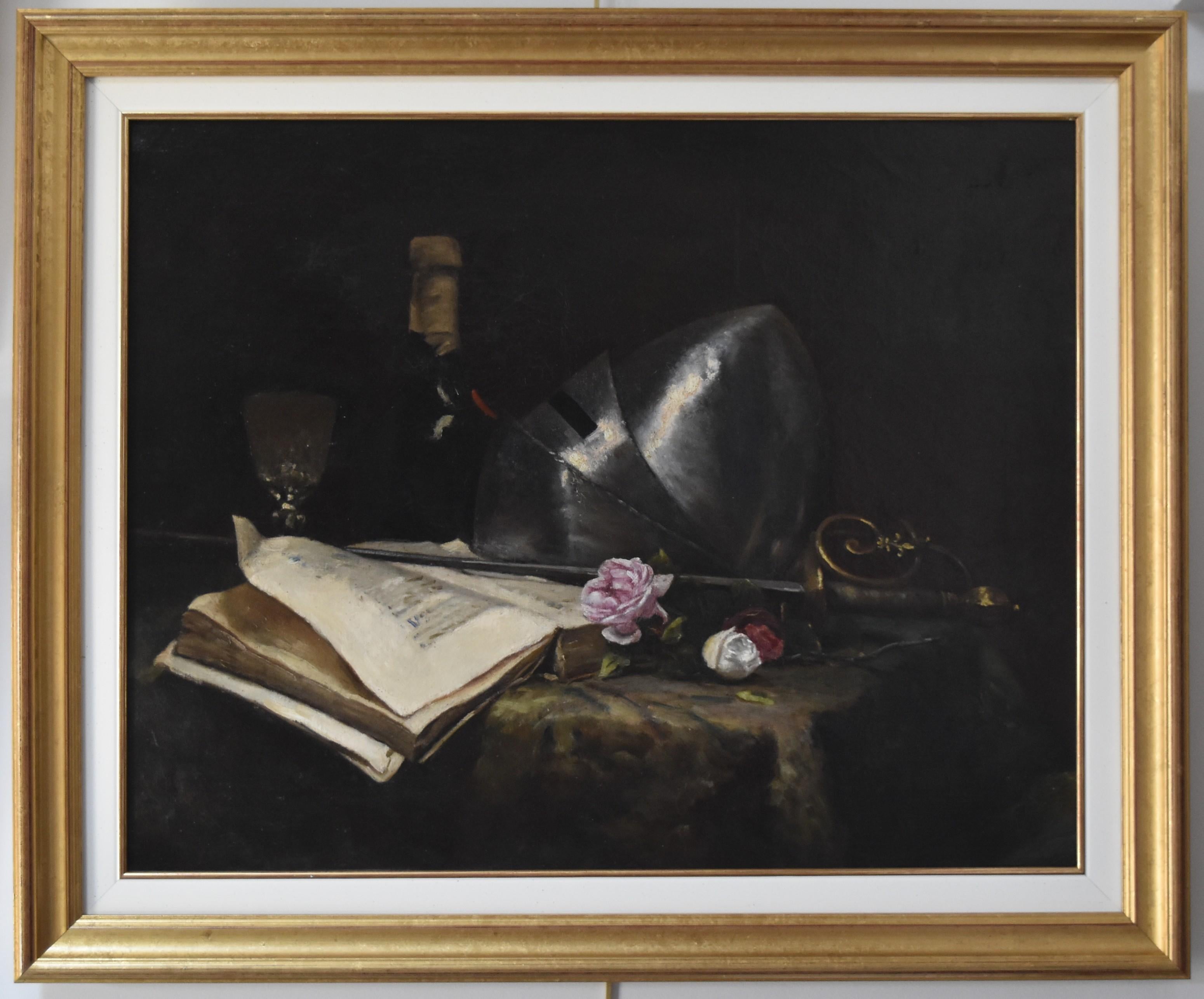 French School 19th Century, A Romantic Still-life with a sword a book and roses  2