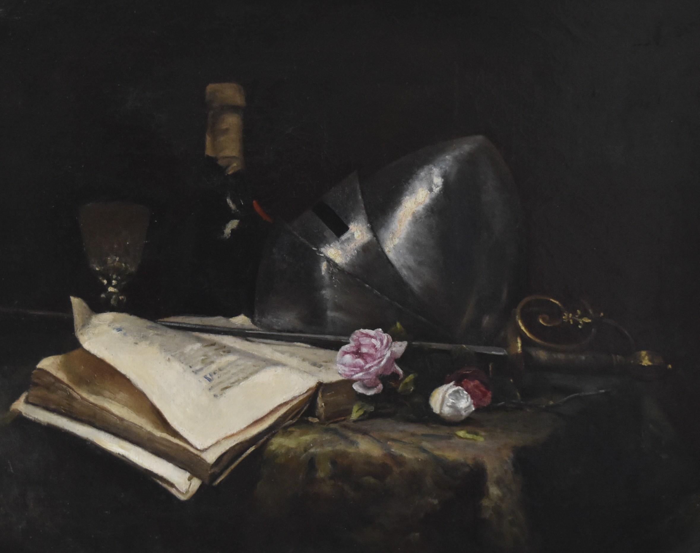 Unknown Still-Life Painting - French School 19th Century, A Romantic Still-life with a sword a book and roses 