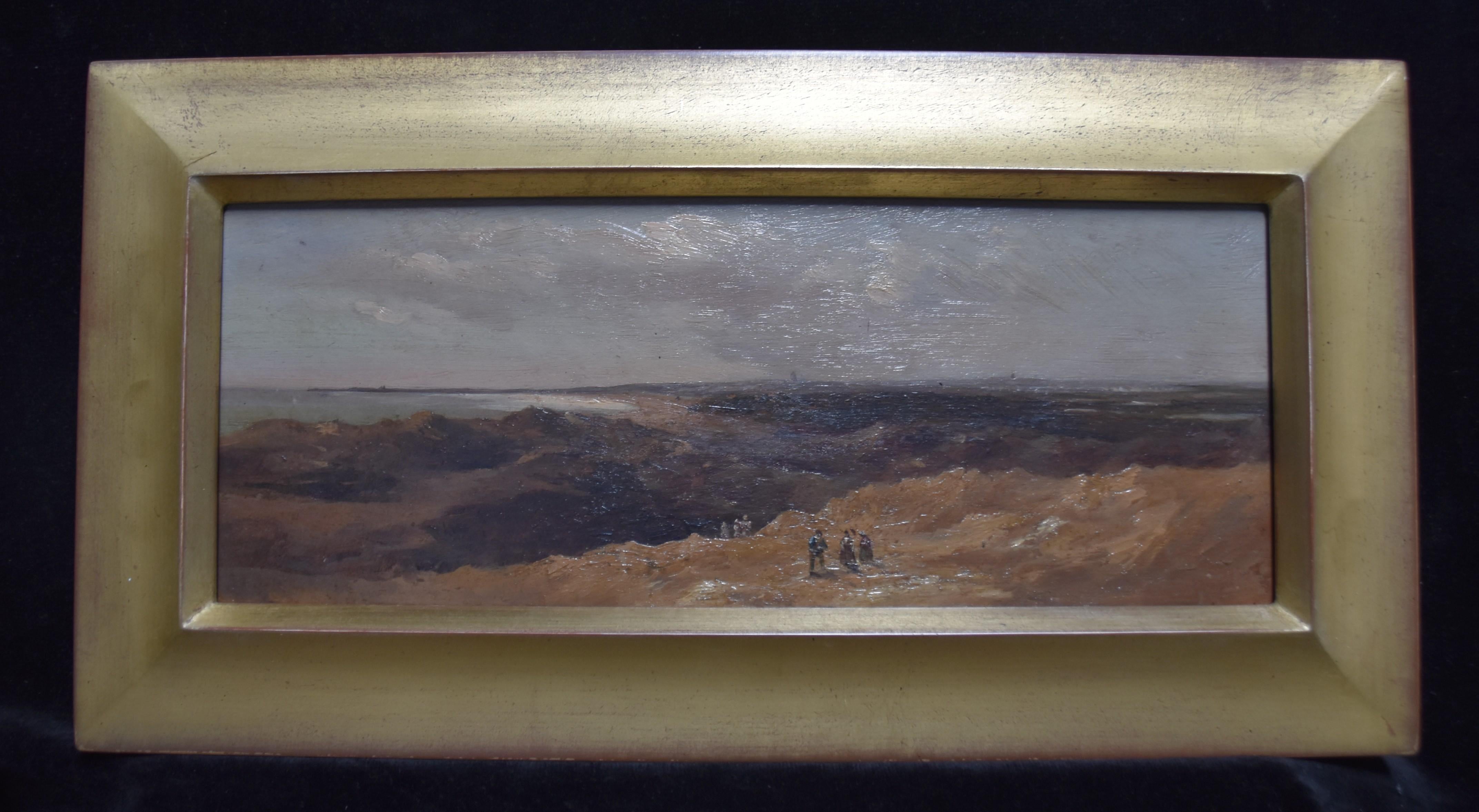 École française 19e siècle, Paysage de dunes animé, huile sur panneau - Painting de Unknown
