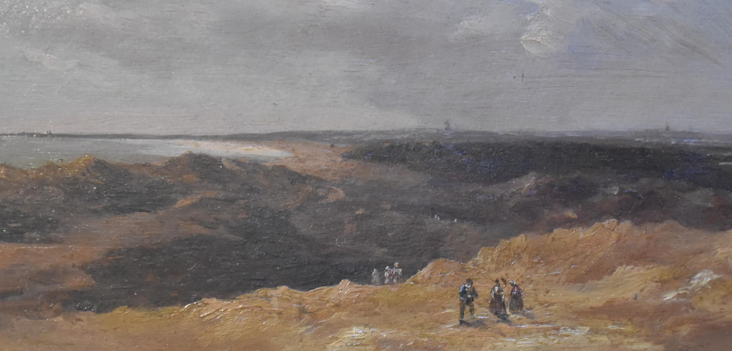 École française 19e siècle, Paysage de dunes animé, huile sur panneau - École de Barbizon Painting par Unknown
