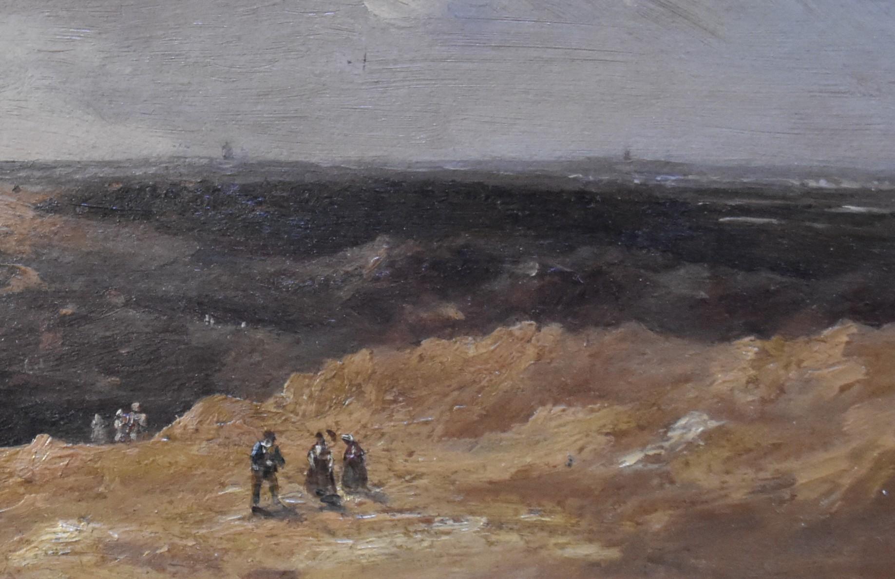 École française 19e siècle, Paysage de dunes animé, huile sur panneau - Gris Figurative Painting par Unknown