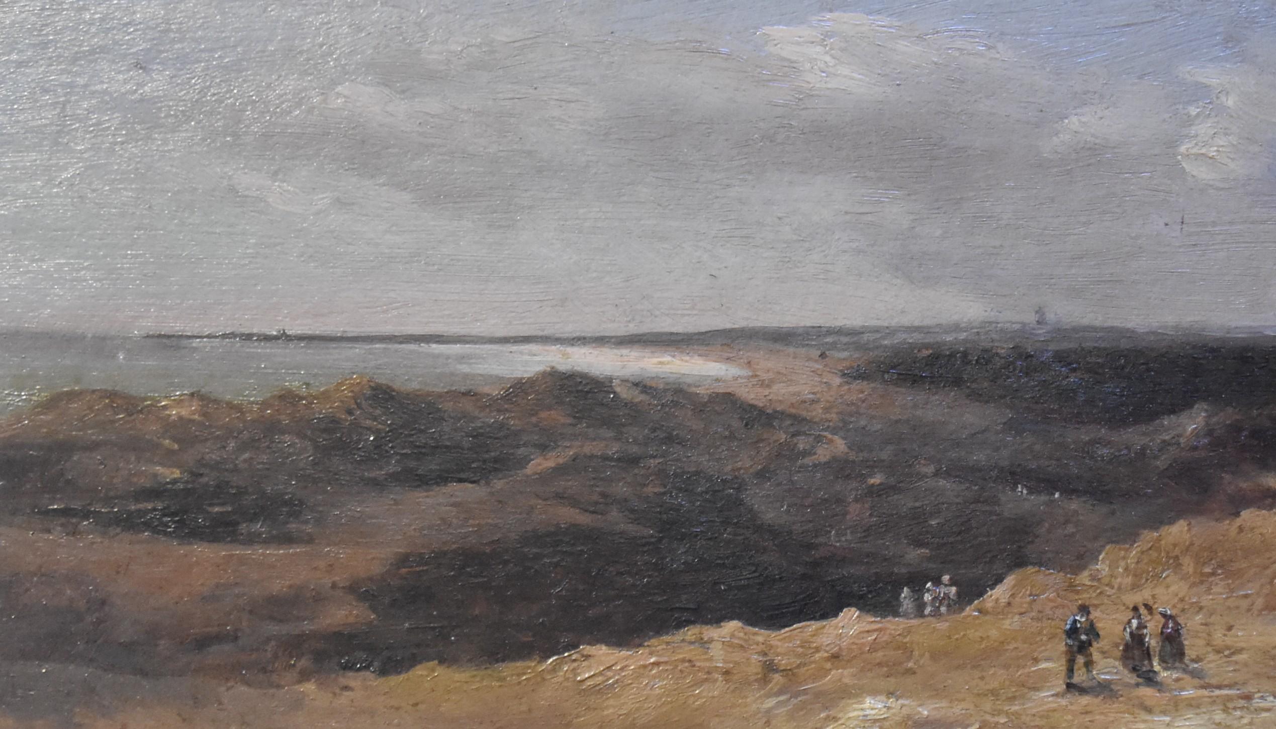 French School mid 19th Century
Animated dune landscape, 
oil on cardboard panel
12.4 x 29.8 cm
bears a small inscription 